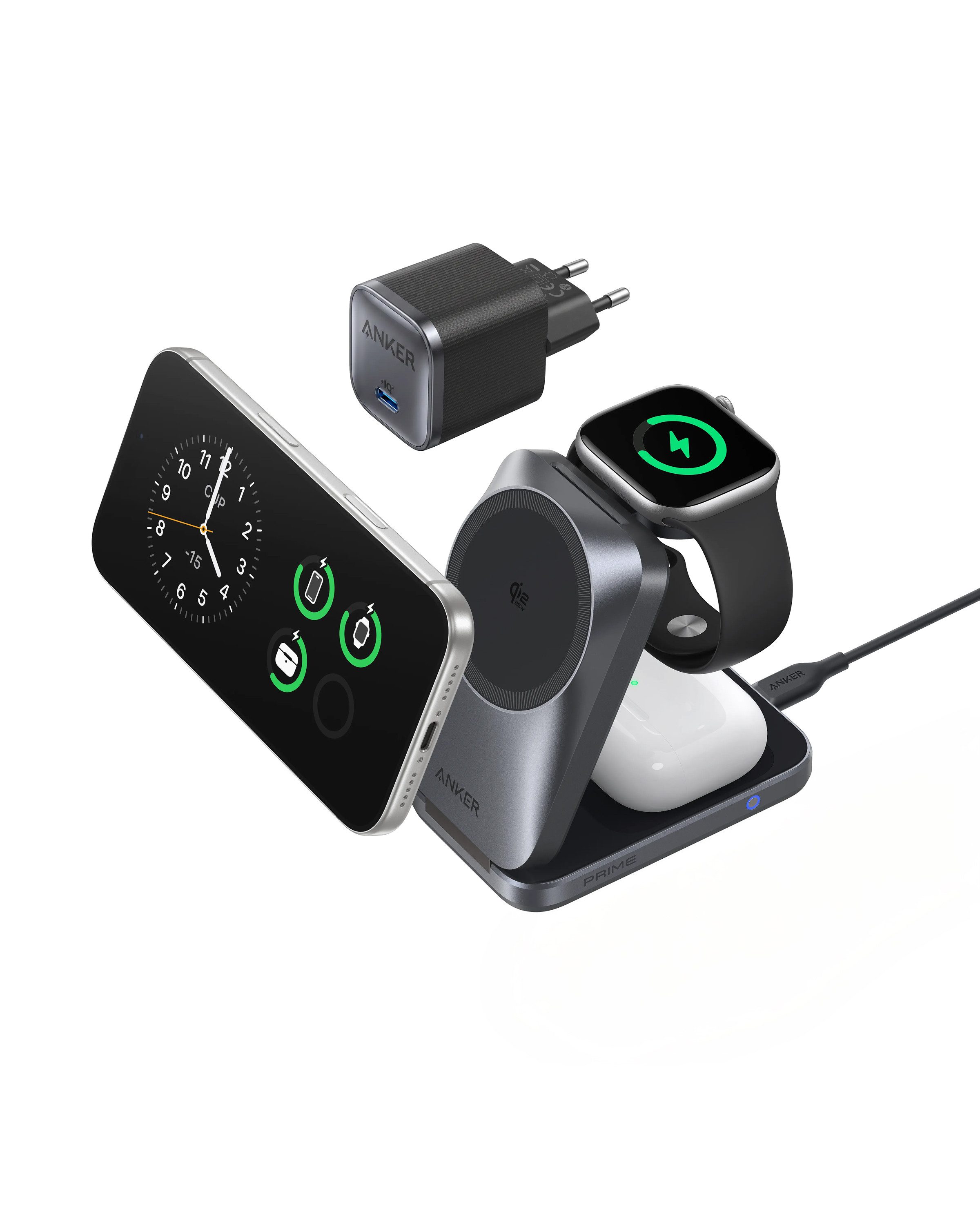 Anker Anker Prime 3-in-1 Ladestation,Qi2.2 25W, AirCool kabelloses Ladegerät Induktions-Ladegerät (MagSafe-kompatibel für iPhone, Apple Watch & AirPods (ohne Akku)