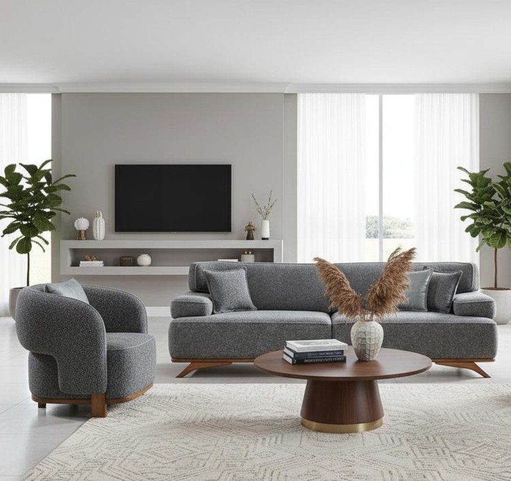 Xlmoebel Polstergarnitur Beige Polstermöbel: Modernes 2-Sitzer Sofa mit 2 Sesseln & Tisch, (Polstergarnitur, 4-tlg., 2-Sitzer Sofa mit 2 Sesseln & Tisch), Made in Europa