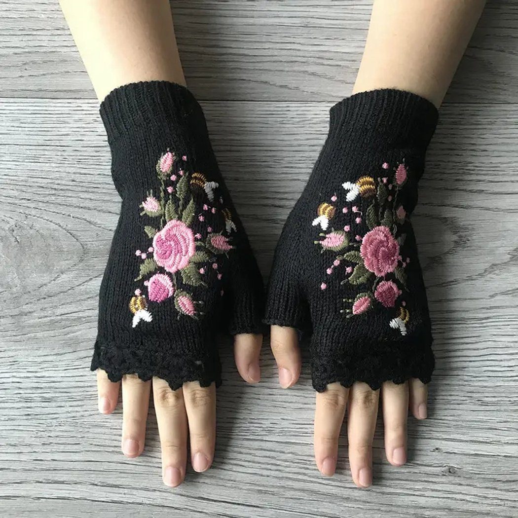TUABUR Strickhandschuhe Handgefertigte, mit Blumen bestickte Handschuhe, Strickhandschuhe Schwarz