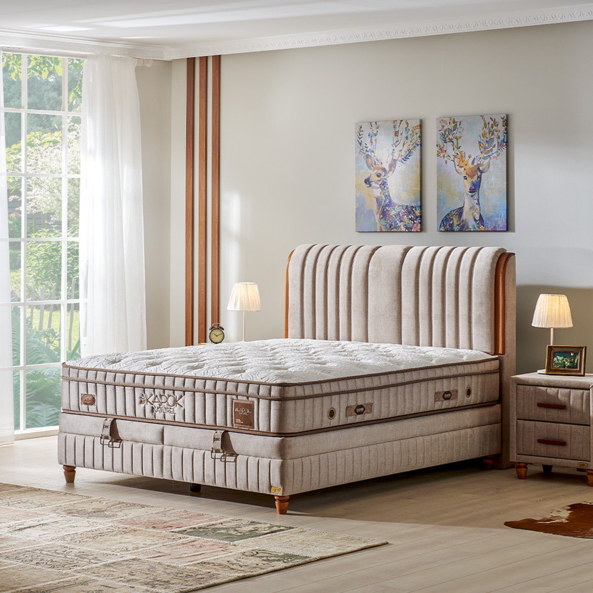 gowoll Boxspringbett 180 x 200 Beige mit Matratze und gepolstertem Kopfteil Luxus bett (Kostenlose Lieferung, gepolstertes Kopfteil + Taschefederkern Matratze + 2 Bettkästen), Doppelbett gepolstertes Kopfteil Bett mit Bettkasten
