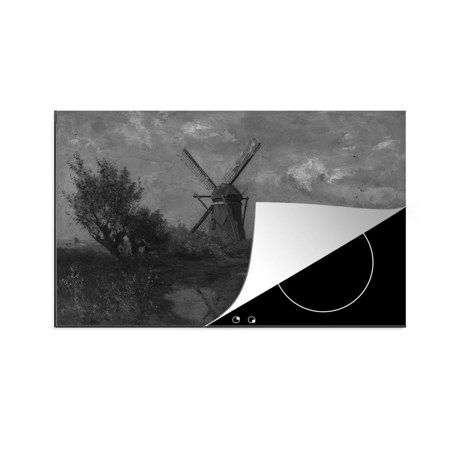 MuchoWow Herdblende-/Abdeckplatte Mühle an einem Teich in schwarz-weiß - Gemälde von Paul Joseph, Vinyl, (1 tlg), 83x51 cm, Ceranfeldabdeckung, Arbeitsplatte für küche