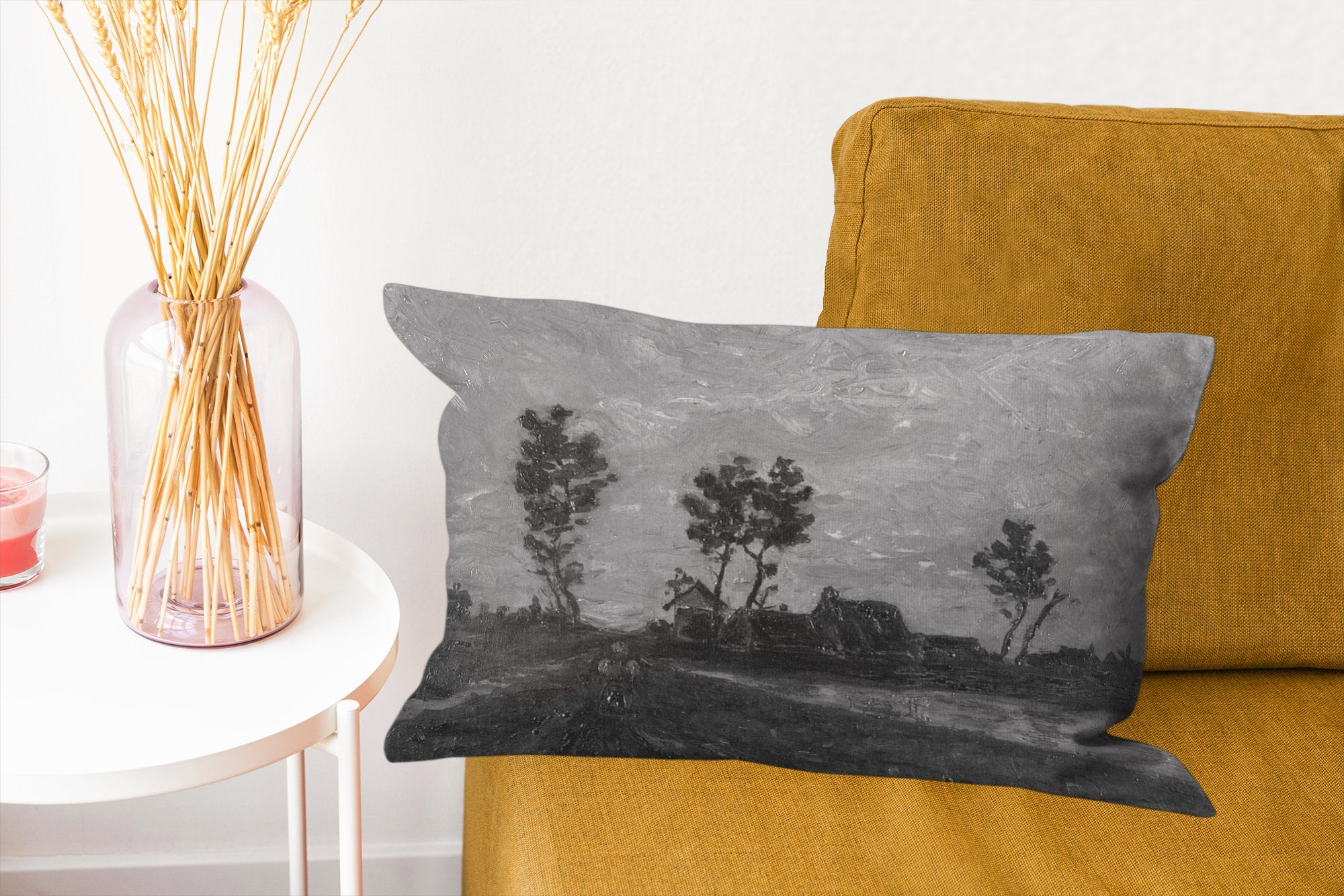 Füllung, Dekokissen bei Zierkissen, - Dekoration, und van weiß, Schwarz Vincent Gogh - Sonnenuntergang MuchoWow Schlafzimmer mit Wohzimmer Dekokissen Landschaft