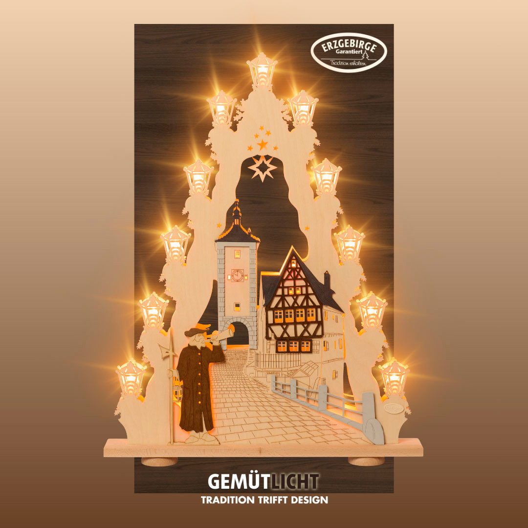 Weigla Schwibbogen Rothenburg ob der Tauber, große Lichterspitze aus Holz, Fachwerkhaus (1-tlg), Erzgebirge garantiert, Weihnachtsdeko Innen, Weihnachtsbeleuchtung