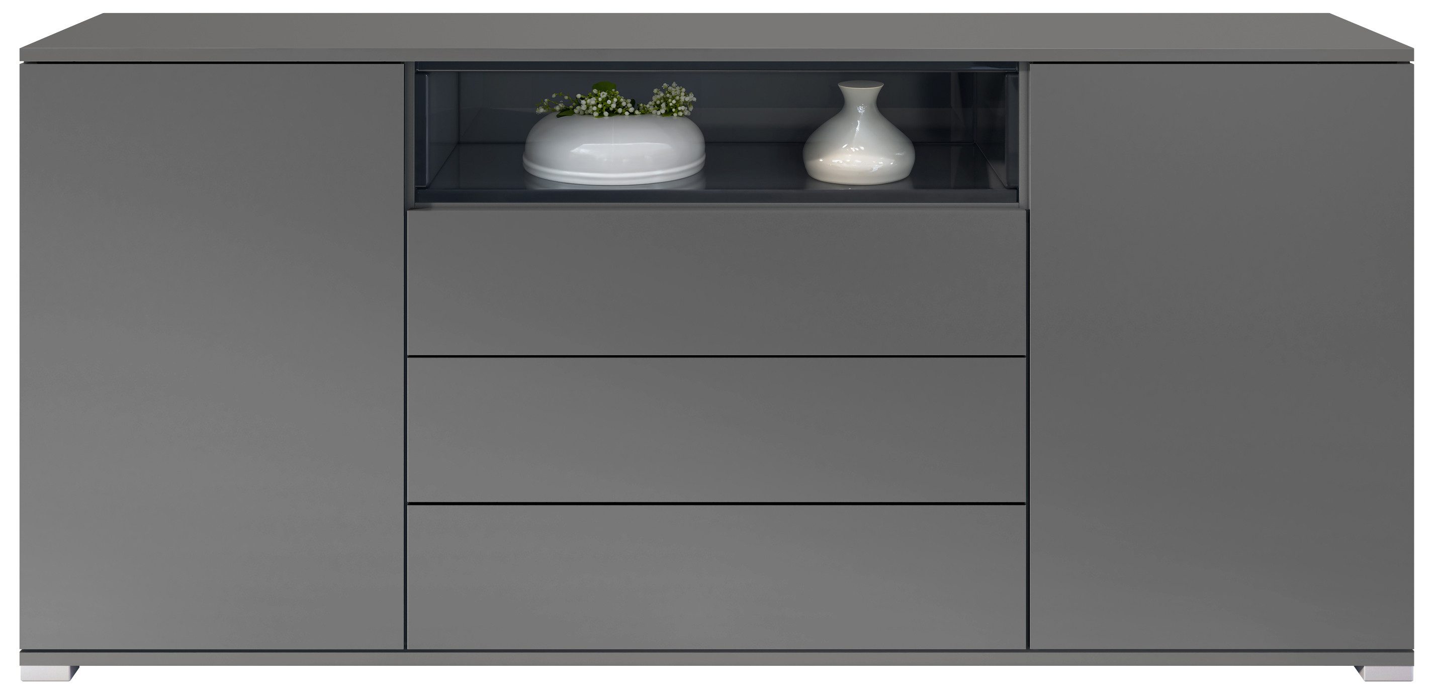 Vladon Sideboard Skadu V4 (Kommode, mit 2 Türen, 3 Schubladen und 1 offenem Fach), Anthrazit matt/Schwarz Hochglanz (166,5 x 75,5 x 35 cm)