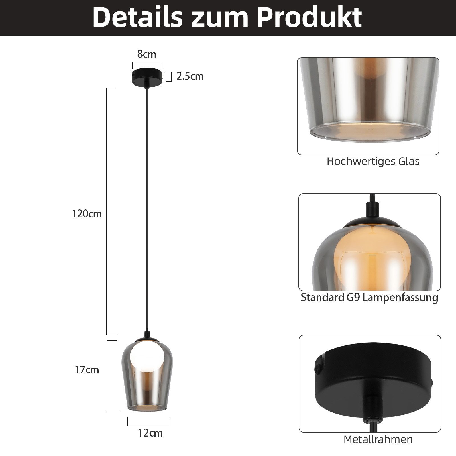 ZMH Pendelleuchte Esszimer Schwarz 1 Flammig Hängeleuchte Glas G9 Nachtisch Treppenhaus, Hochwertige Design, ohne Leuchtmittel, Höhenverstellbar für Wohnzimmer Esstischlampe Flur