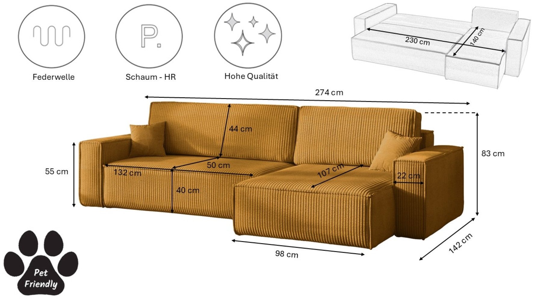Kaiser Möbel Ecksofa mit schlaffunktion und bettkasten, BEST XL stoff Poso, Quelle, Verita, Mit Bettfunktion und Bettzeugfach