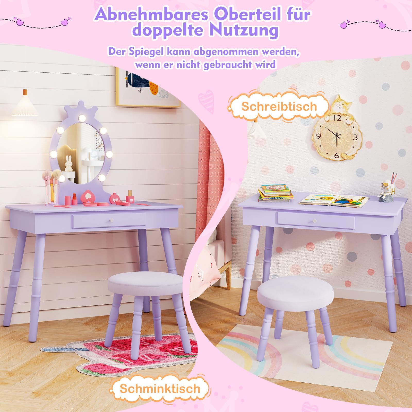 COSTWAY Schminktisch Kinderschminktisch mit Hocker, mit LED Beleuchtung