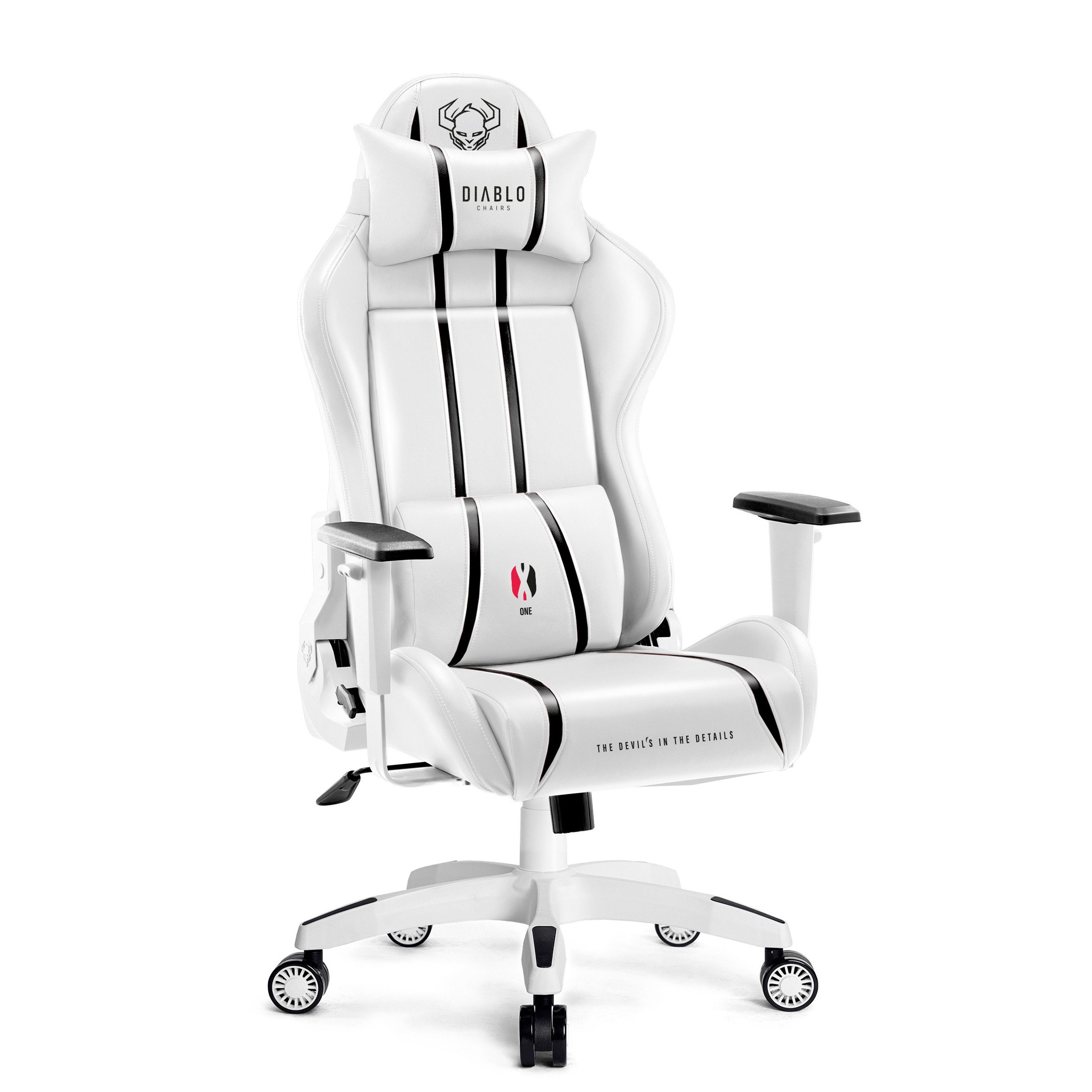 DIABLO CHAIRS Gaming-Stuhl X-One 2.0 HDS Ökoleder ergonomisch TiltTech Armlehnen Kopfstütze (Klasse-4-Gasfeder, Gummiräder bodenschonend, Kids S Normal L King XL), Lendenkissen Wippfunktion Metallbasis 3 Größen