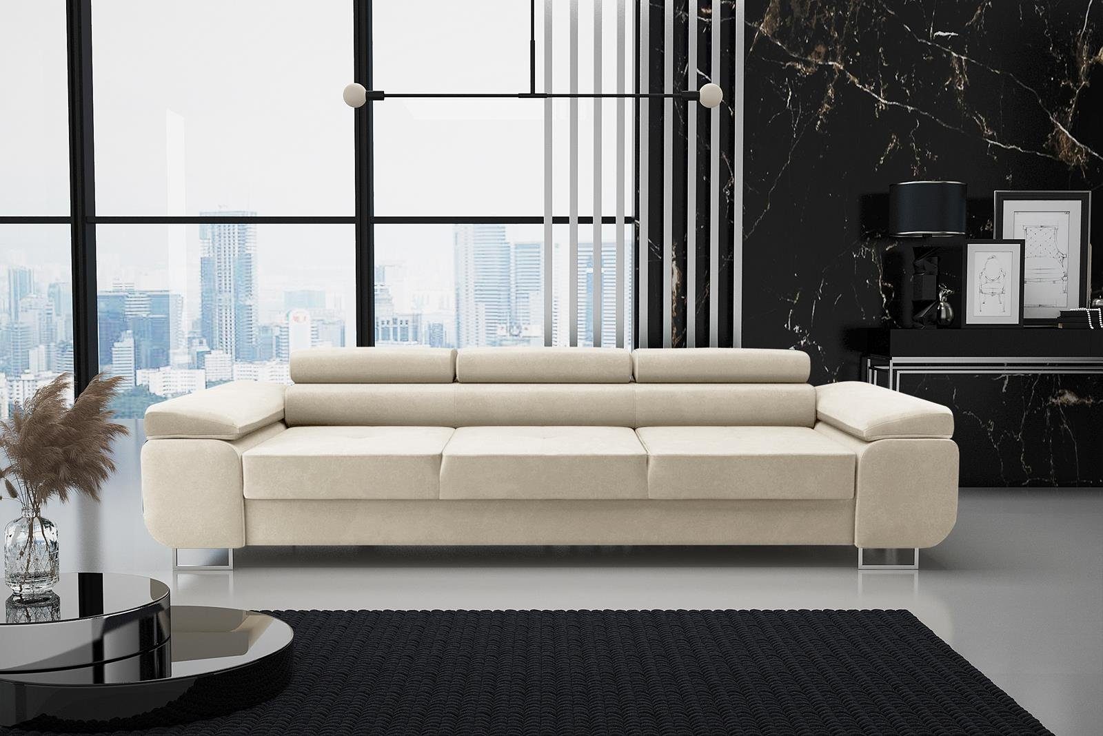 Beautysofa Schlafsofa Couch Dreisitzer Schlafsofa modernen Stil, mit Verstellbare Kopfstütze, Schlaffunktion beige (monolith 04)