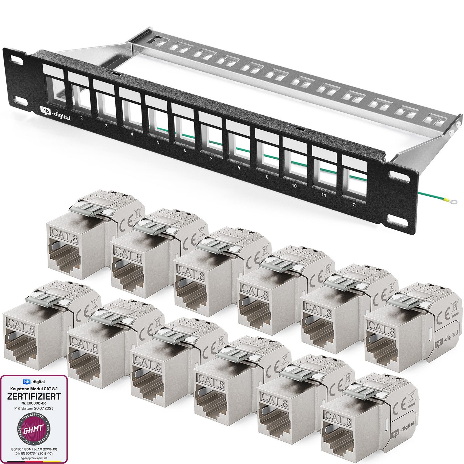 HB-DIGITAL hb-digital Patchpanel 10 Zoll 12 Port mit CAT 8.1 Keystone 1HE schwarz Netzwerk-Panel (12 Port CAT 8.1, 1 HE, mit Cat 8 Keystone Modul RJ45)