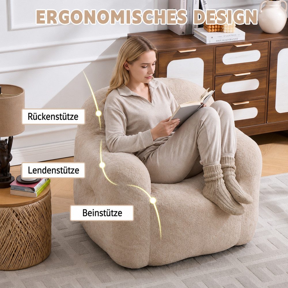 Leawin Relaxliege Sofas Wohnzimmer Loungesessel aus Chenille-Kunstfell weich, Bean Bag Sessel mit Schaumstoffflocken und ohne Montage
