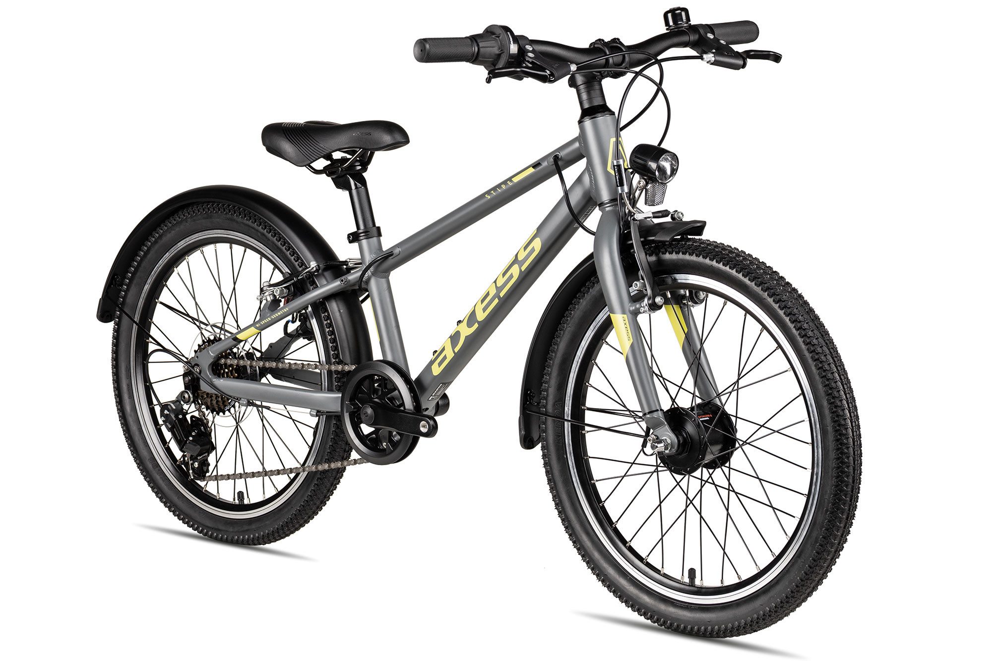 Axess Kinderfahrrad Stipe 20 Street, 7 Gang Shimano Tourney RD-TY202 Schaltwerk, Kettenschaltung, Straßenausstattung schwarz/grau