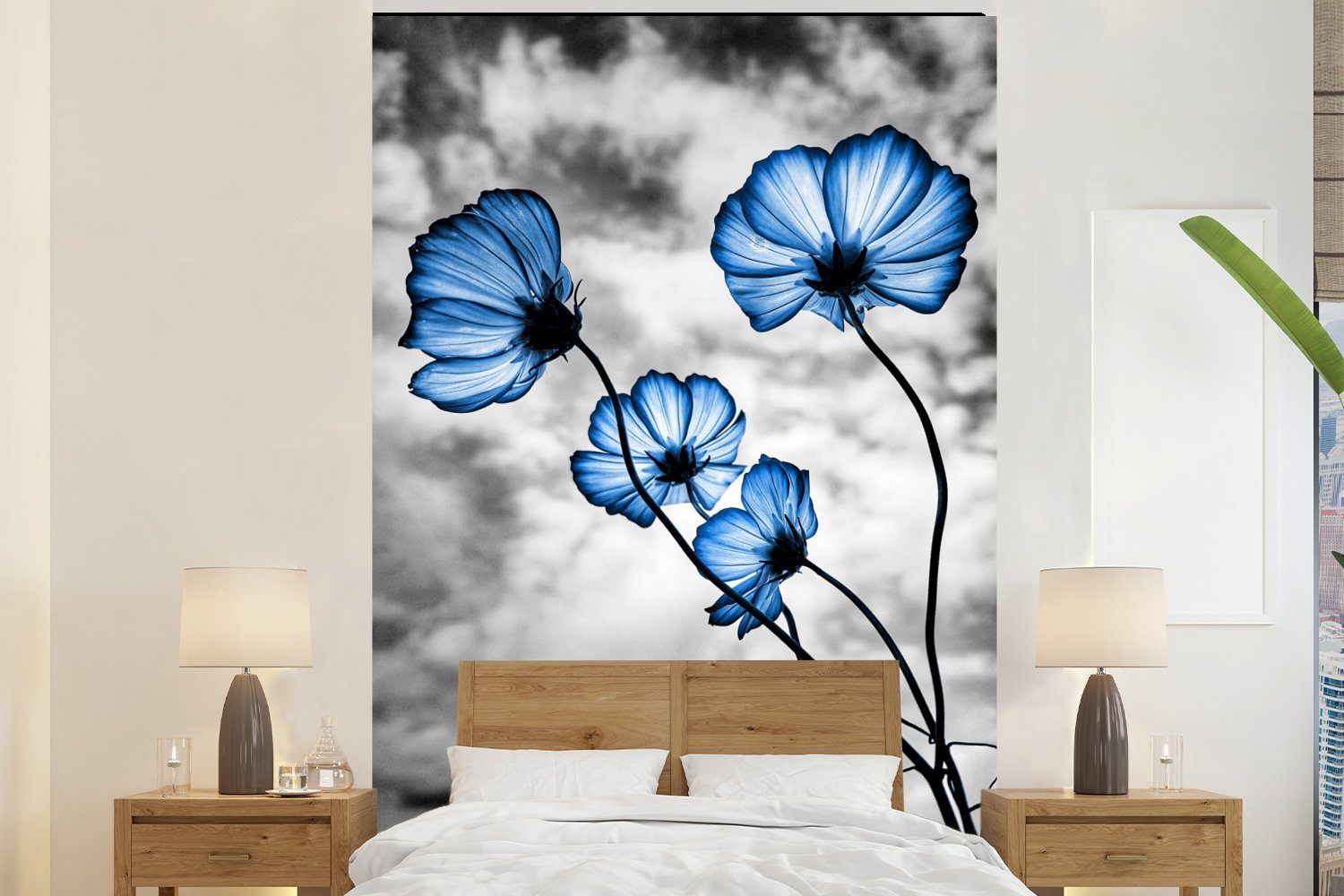 MuchoWow Fototapete Blumen - Blau - Schwarz - Weiß, Matt, bedruckt, (3 St), Montagefertig Vinyl Tapete für Wohnzimmer, Wandtapete