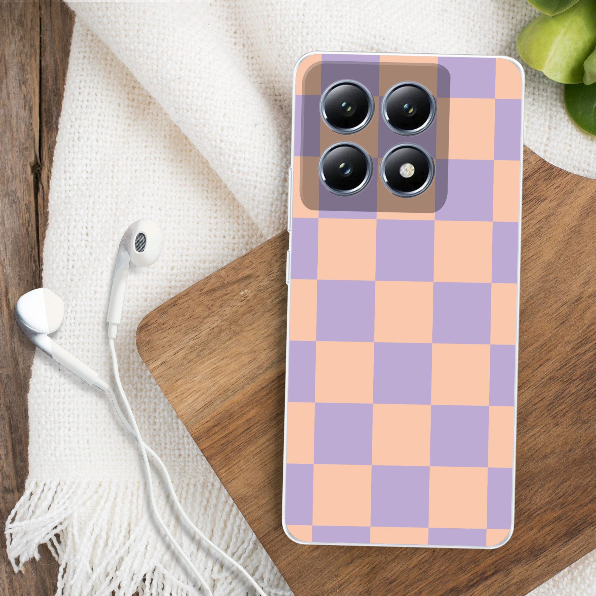 MuchoWow Handyhülle für Xiaomi 14T Schachbrettmuster - Lila - Rosa - Würfel, Handy Case, Silikon, Bumper Case Dünn