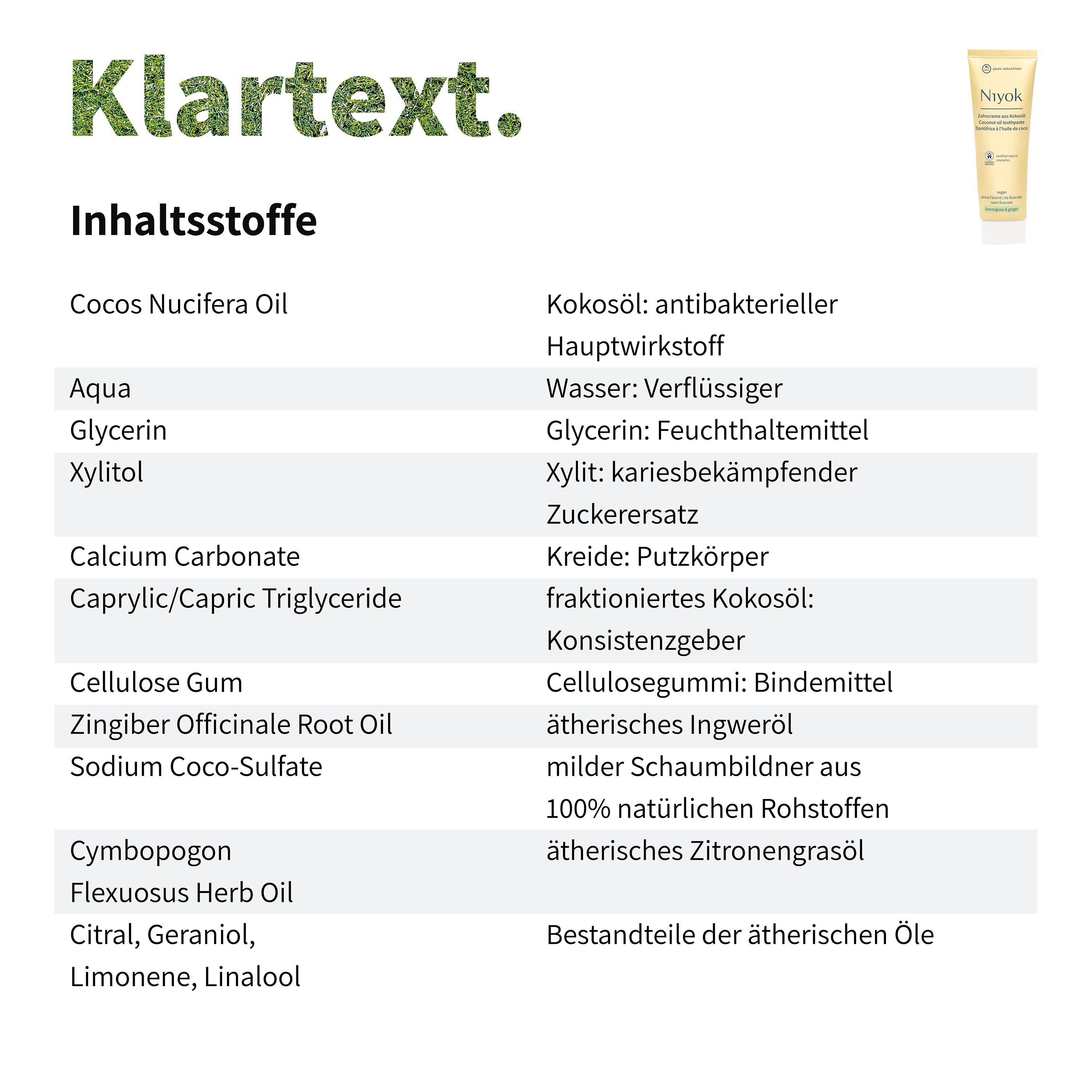 Niyok Zahnpasta aus Bio Kokosöl Ohne Fluorid & Vegan für Intensive Pflege & Frische, Zitronengras & Ingwer (lemongrass & ginger)
