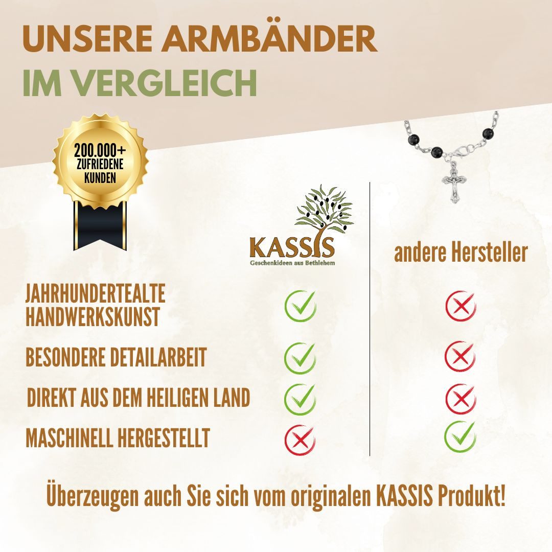 Kassis Geschenkartikel Armband mit runden Hämatit-Perlen Gebetskette Talisman Glücksbringer, handgefertigt in Bethlehem, Geschenk zu Taufe Kommunion Firmung – Bild 4 von 5