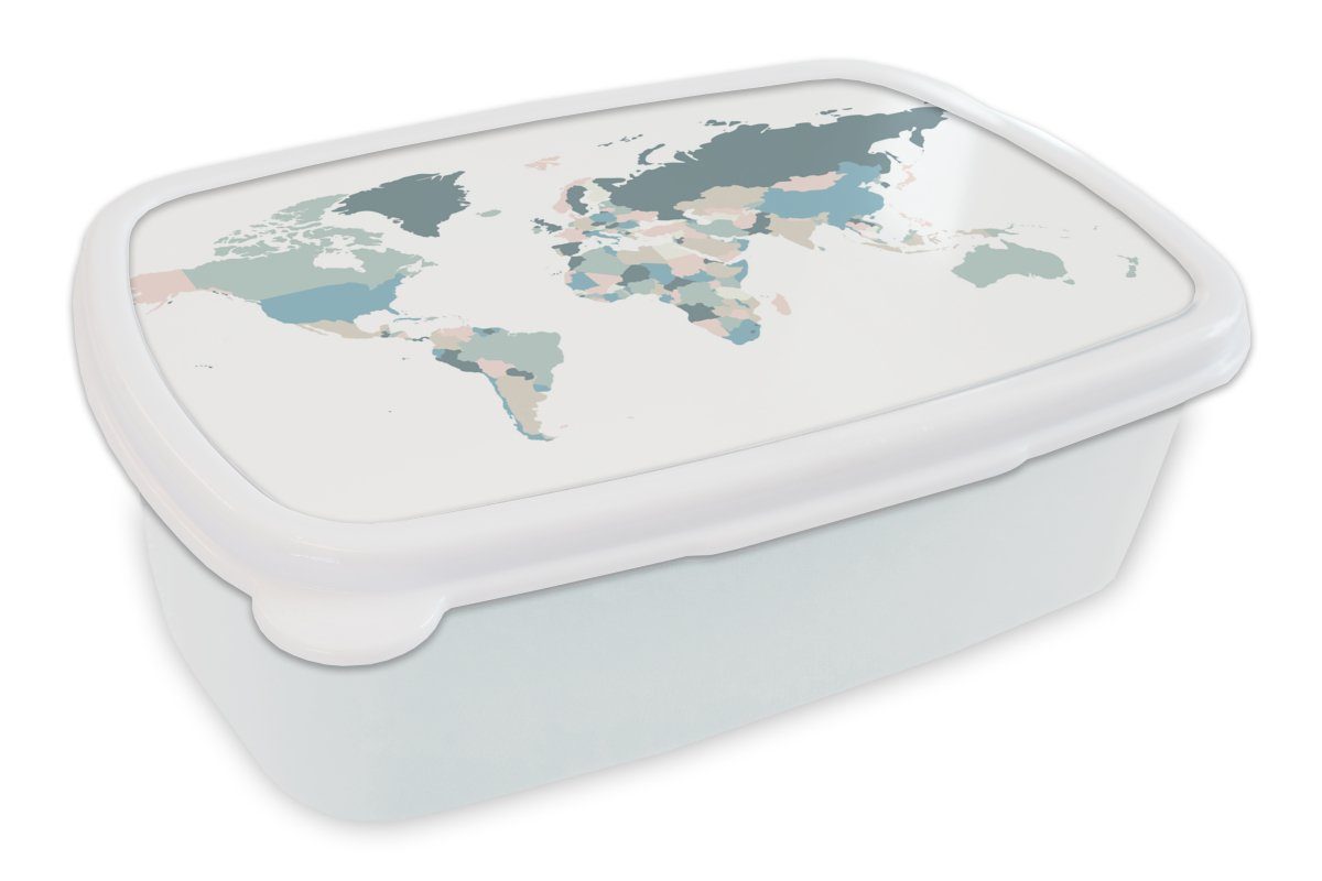 MuchoWow Lunchbox Weltkarte - Einfach - Pastell, Kunststoff, (2-tlg), Brotbox für Kinder und Erwachsene, Brotdose, für Jungs und Mädchen weiß
