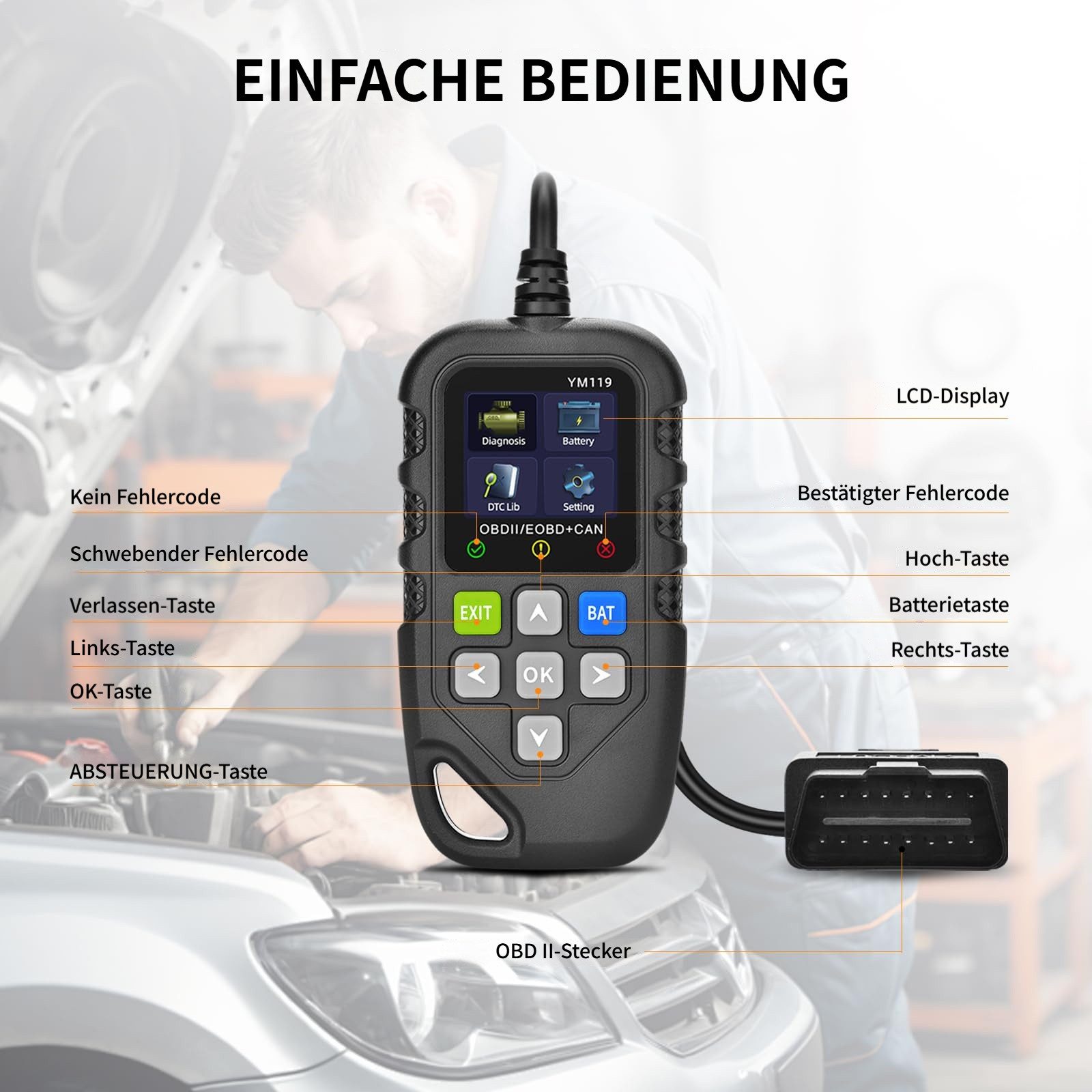 Tekoo OBD2-Diagnosegerät Auto Auslesegerät für Fehlerspeicher & Batterie, Packung, 1x Diagnosegerät inkl. Anschlusskabel, Integrierter Batterietest, unterstützt 9 OBD2-Protokolle, 13 Sprachen