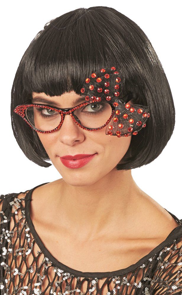 andrea-moden Verkleidungsmaske Cat Eye Brille mit Strass und Schleife - Rot