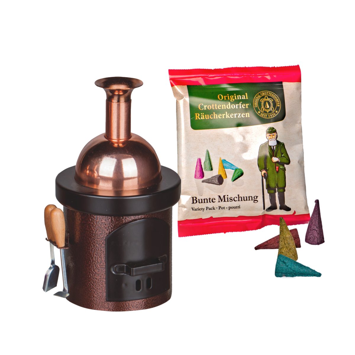 Crottendorfer Räuchermännchen Crottendorfer Räucherhaus Braukessel inkl. 5 Räucherkerzen Tannenduft, inklusive 5 Räucherkerzen