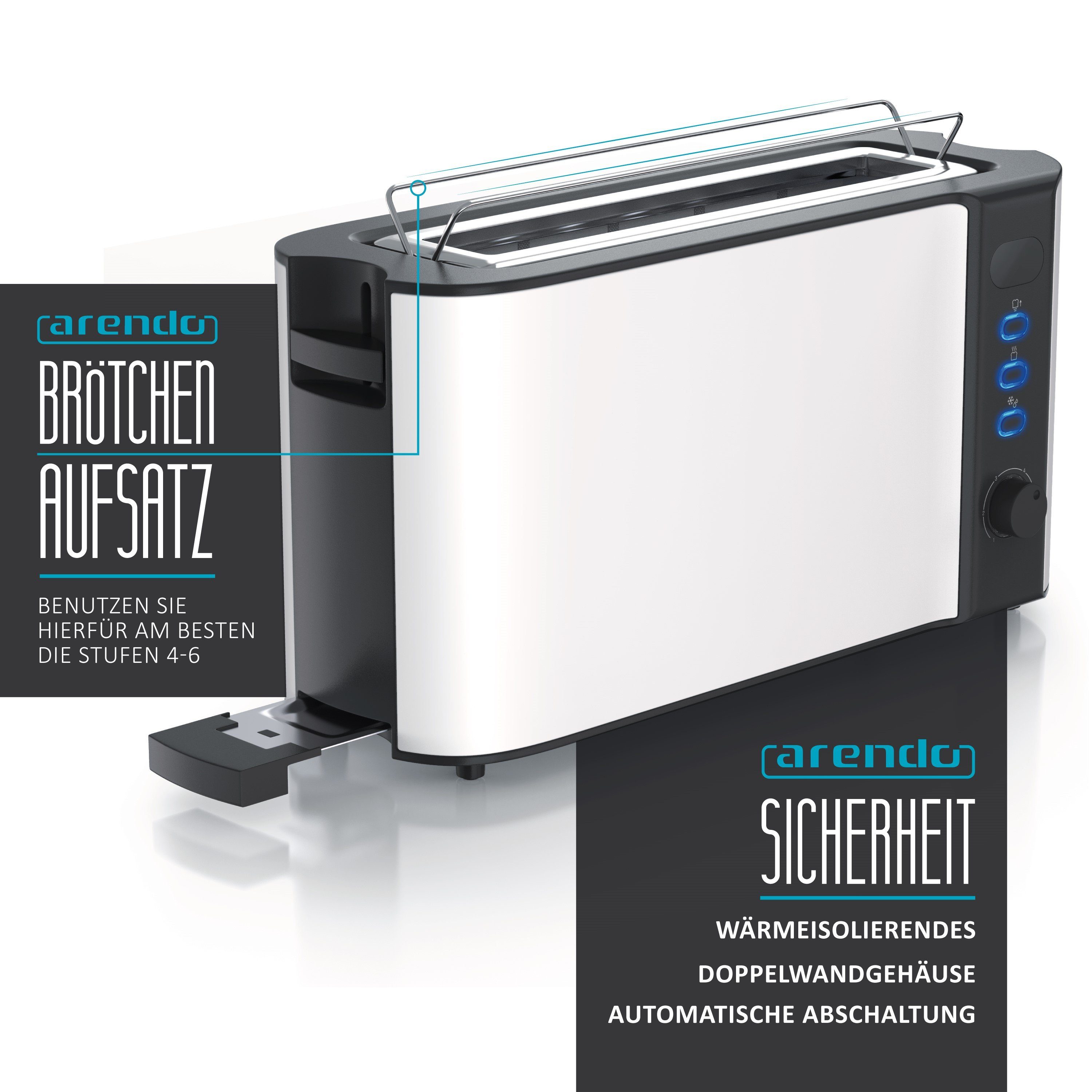 Arendo Toaster, 1 langer Wärmeisolierendes matt weiß 1000 Display für 2 Langschlitz, Schlitz, Brötchenaufsatz, W, Gehäuse, Scheiben