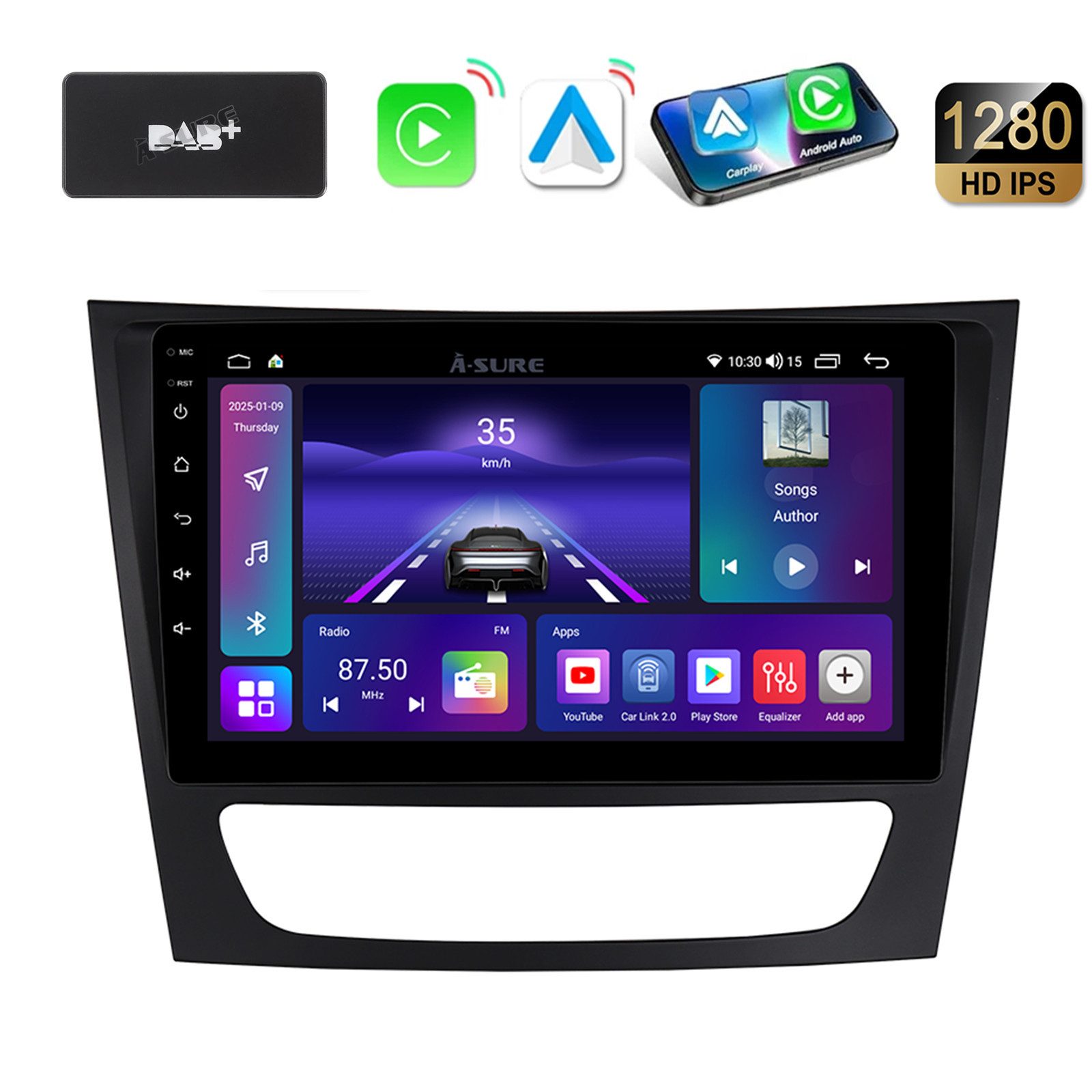 A-Sure 4-Core Android 15 Carplay Radio Für Mercedes E-Klasse W211 W219 Autoradio (Digitalradio (DAB), FM, AM)