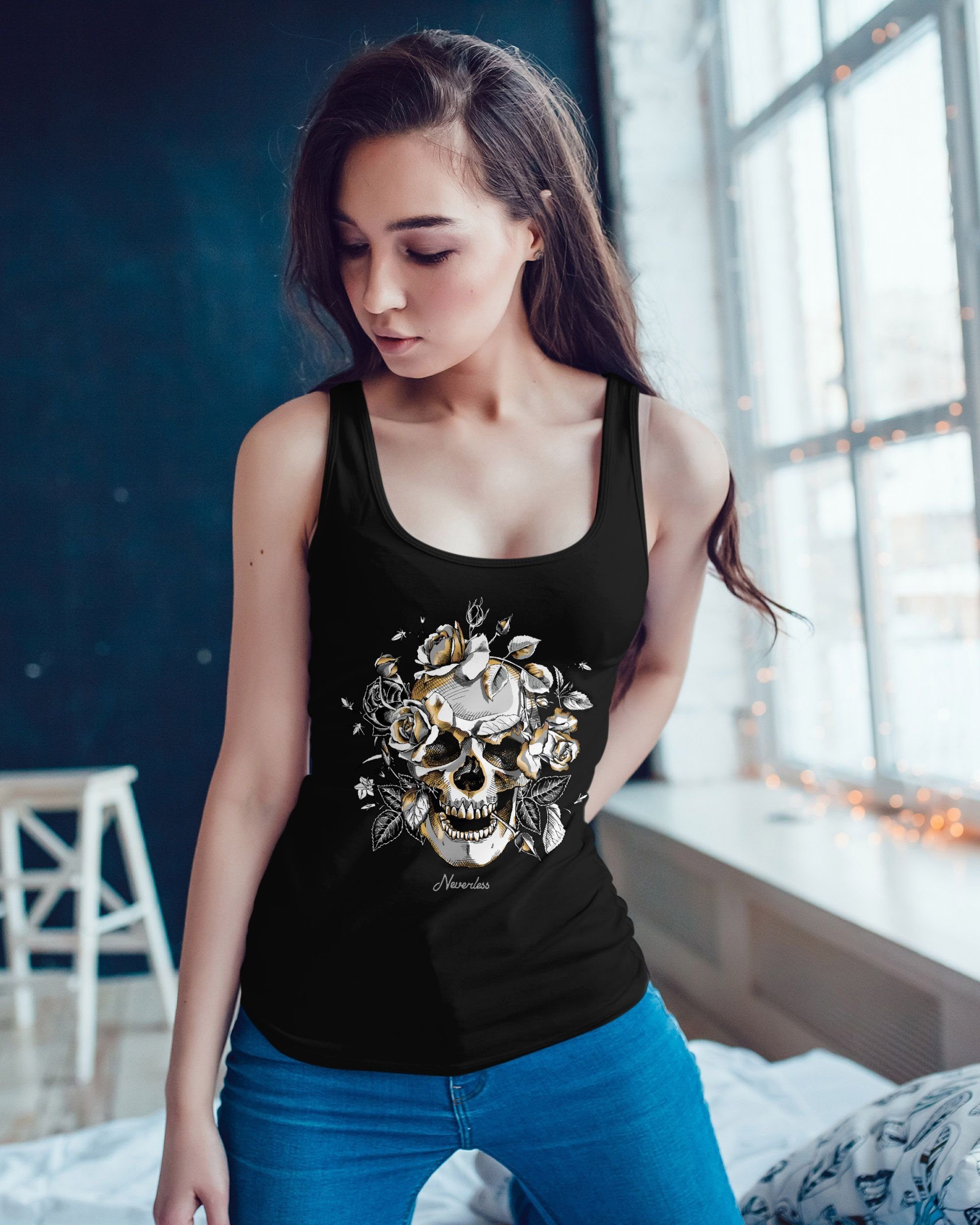 Neverless Tanktop Damen Tank-Top Totenkopf Rosen günstig online kaufen