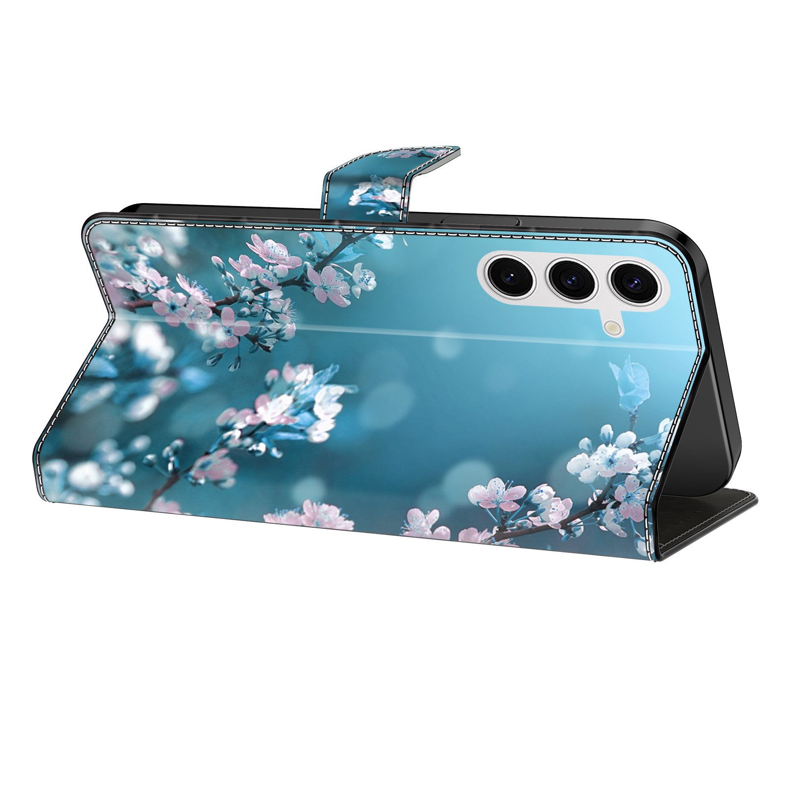 CLM-Tech Handytasche für Samsung Galaxy A16 / A17 5G Hülle aus Kunstleder Klapphülle (Pflaumenblüte blau, Handyhülle mit Standfunktion - Wallet Flip Case inklusive Kartenfächer), Cover mit Magnetverschluss - Samsung Galaxy A16 5G Schutzhülle