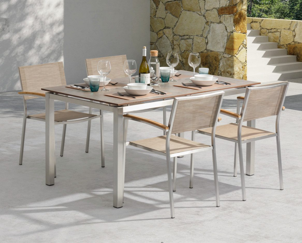 acamp Garten-Essgruppe Gartenmöbel Set Edelstahl 5-teilig, HPL Tisch, 4 Sessel, Teak, (Spar-Set, 5-tlg., 4 Stapelsessel & 1 HPL Tisch), wetterfest, rostfrei, Teakholz Armlehnen, HPL Tischplatte, stapelbar