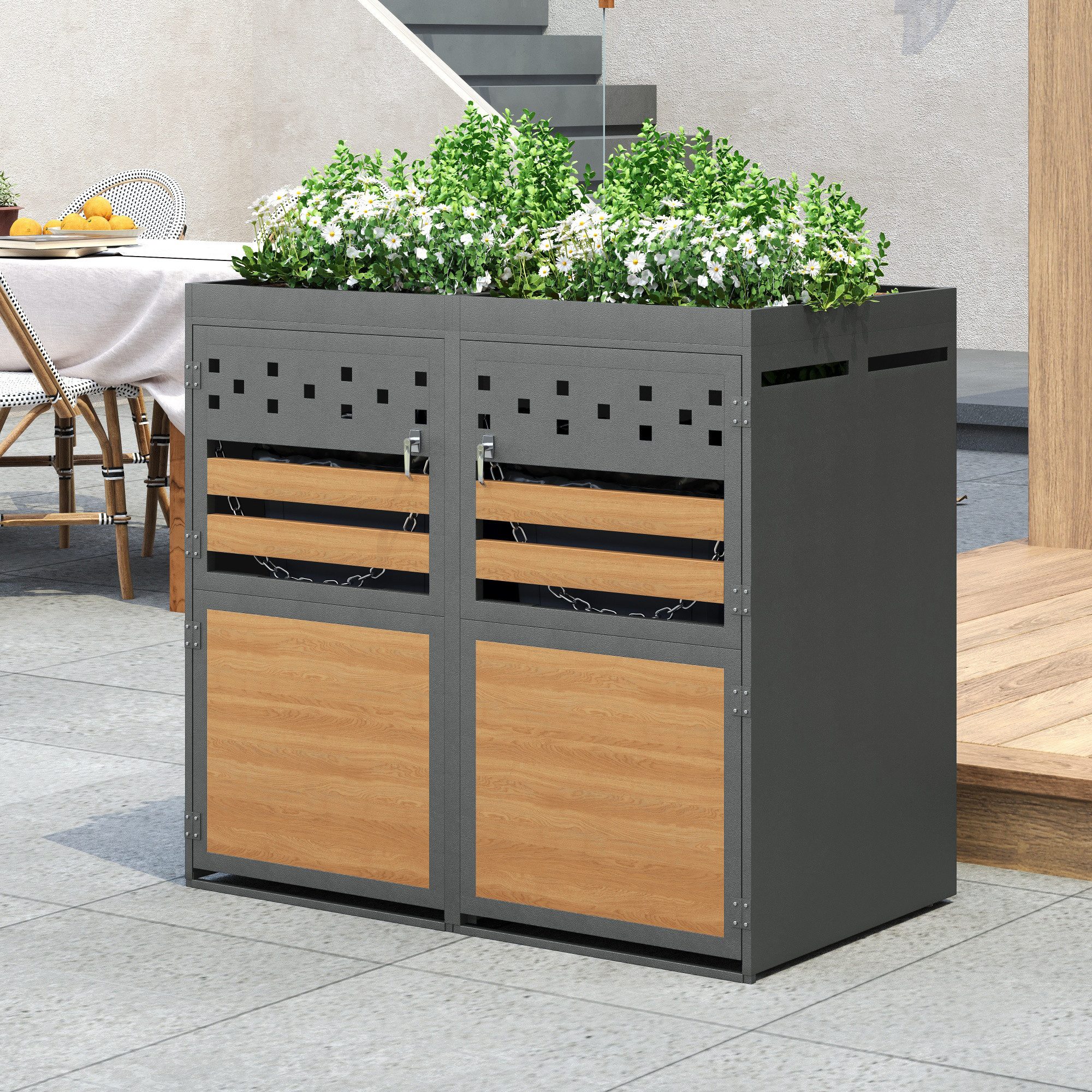 CHICFURN Mülltonnenbox mit Pflanzdach, 120-240 Liter verzinkter Stahl (Set, 2 St., Anthrazit Tür in Holzoptik inkl. Erweiterungsmöglichkeit), Müllbox (Das Produkt enthält keinen eingebauten Mülleimer)