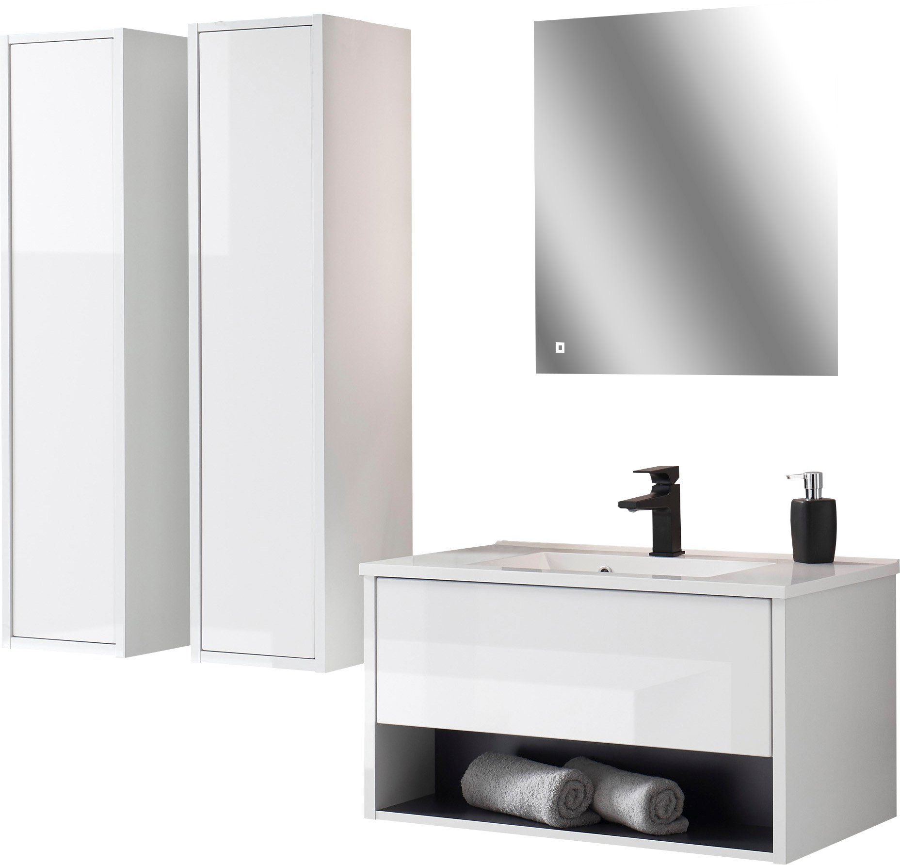 Home affaire Badmöbel-Set Studio Line, Bad im modernen Design, 4-teiliges Badezimmer, (4-St), Schrank, Waschtisch und Spiegel, in zwei Farben verfügbar, Stauraum
