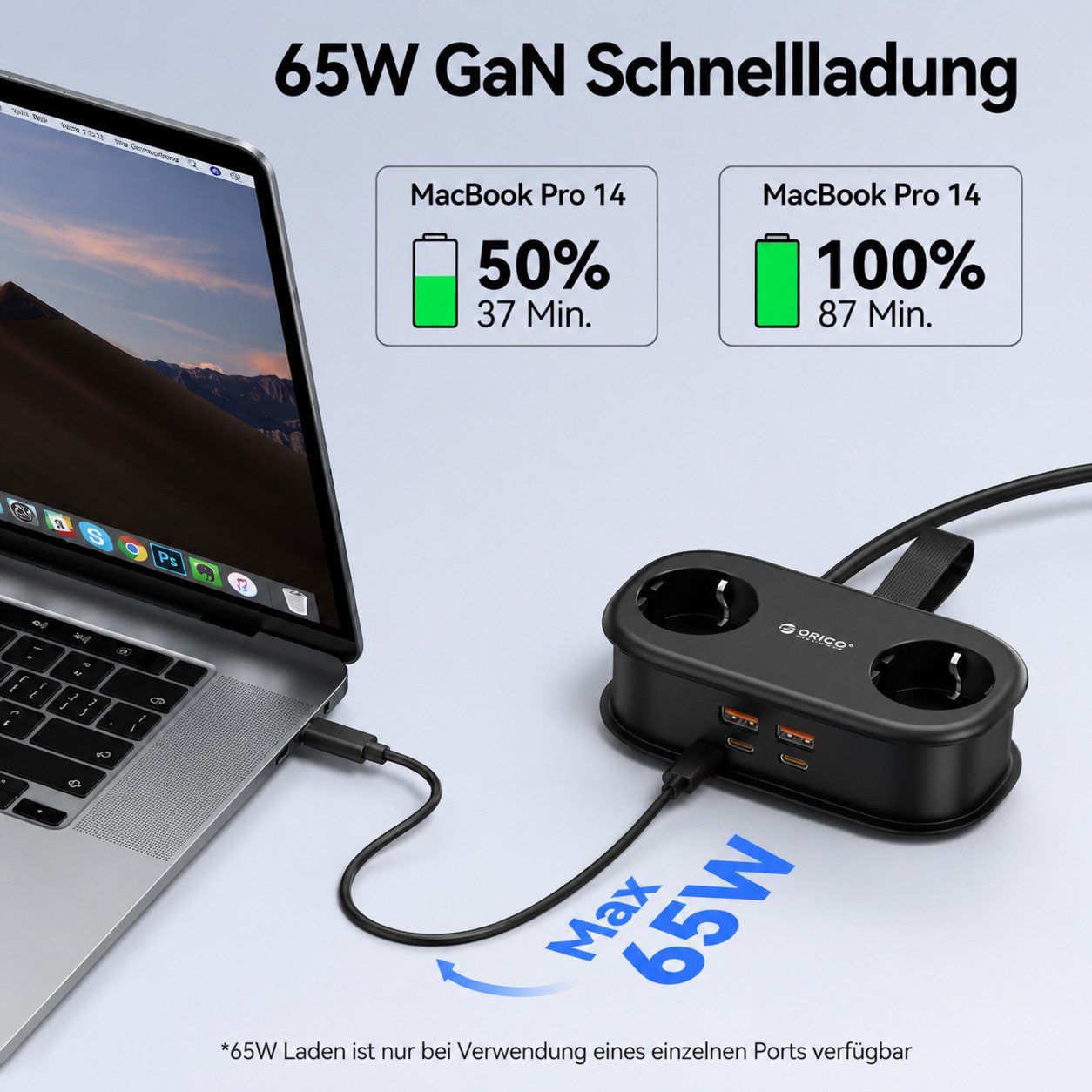 ORICO Steckdose AP3 20W Reisesteckdosenleiste mit USB-C PD, 1,5 m Kabel – kompakt für Reise & Home Office, 1-St., 2 Steckdosen & 4USB-Anschlüssen, kompakter Meh – Bild 4 von 5