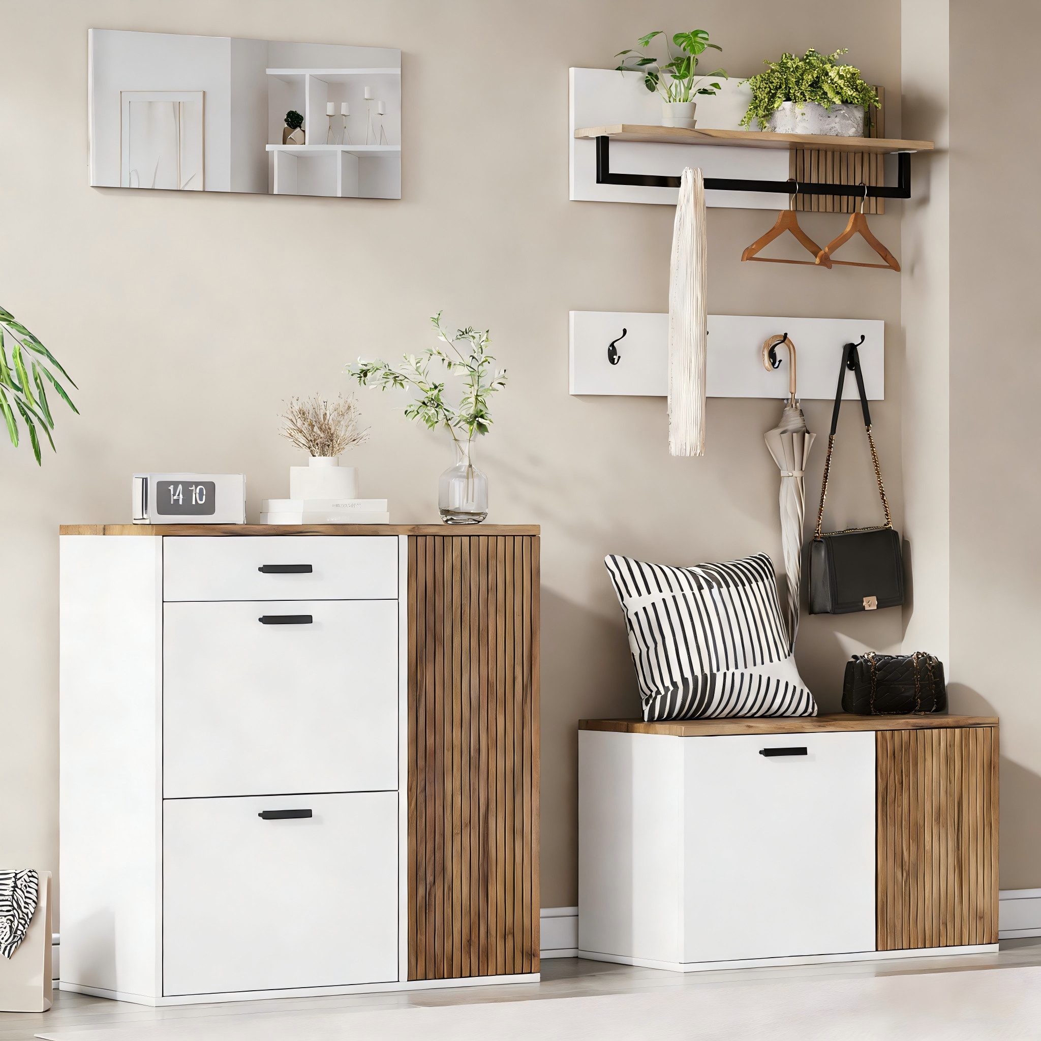 Merax Garderoben-Set 5-teilig Garderobenschrank in Holz und Schwarz/Weiß, (5-St., Eingangsbereich-Schrank Flurmöbel), mit Schuhschrank,Kommode,Spiegel, Hutablage,Garderobenpaneel mit Haken