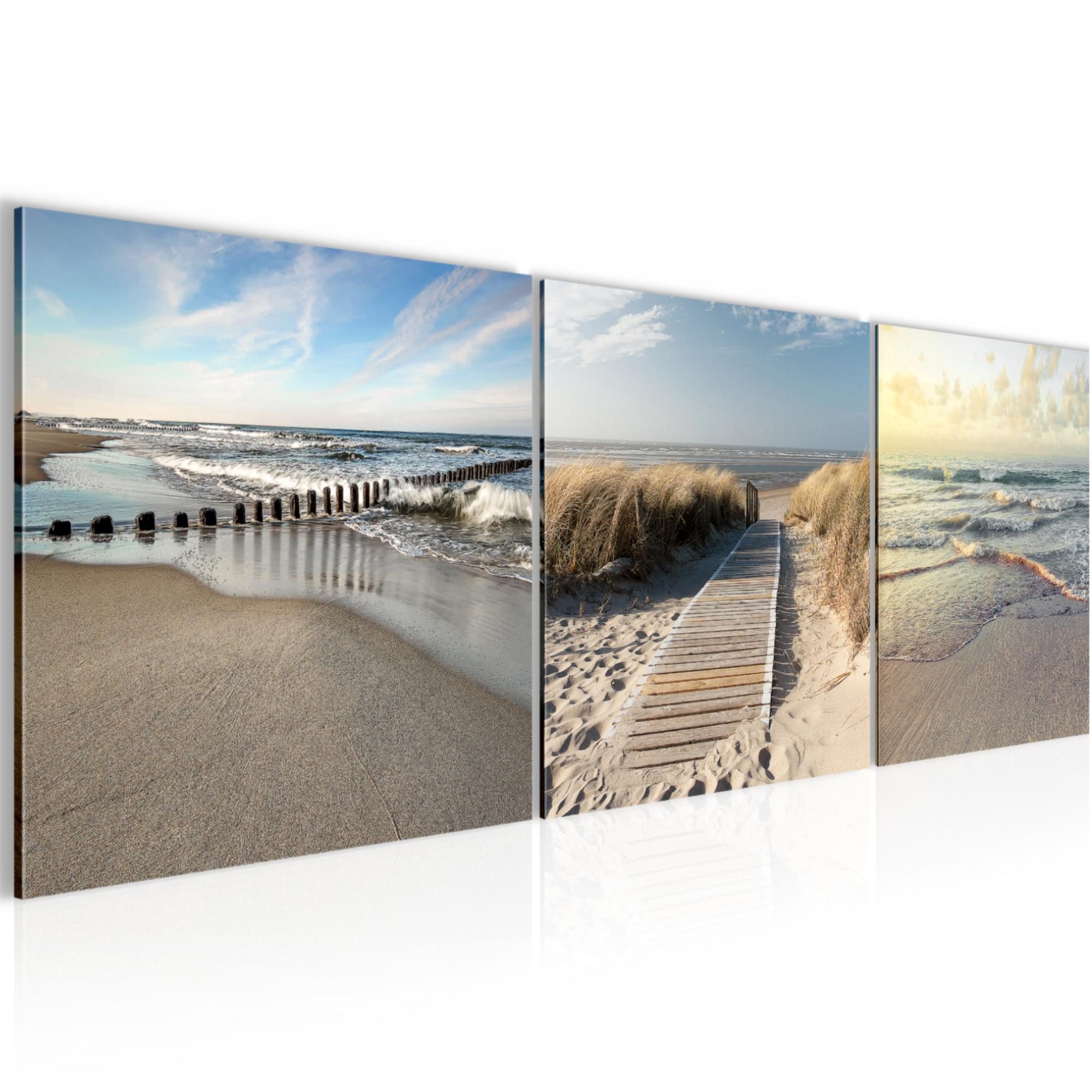Runa Art Wandbild Strand Bild auf Vlies Leinwand Deko 90 x 30 cm Meer Blau 028034a, 90L x 30B cm