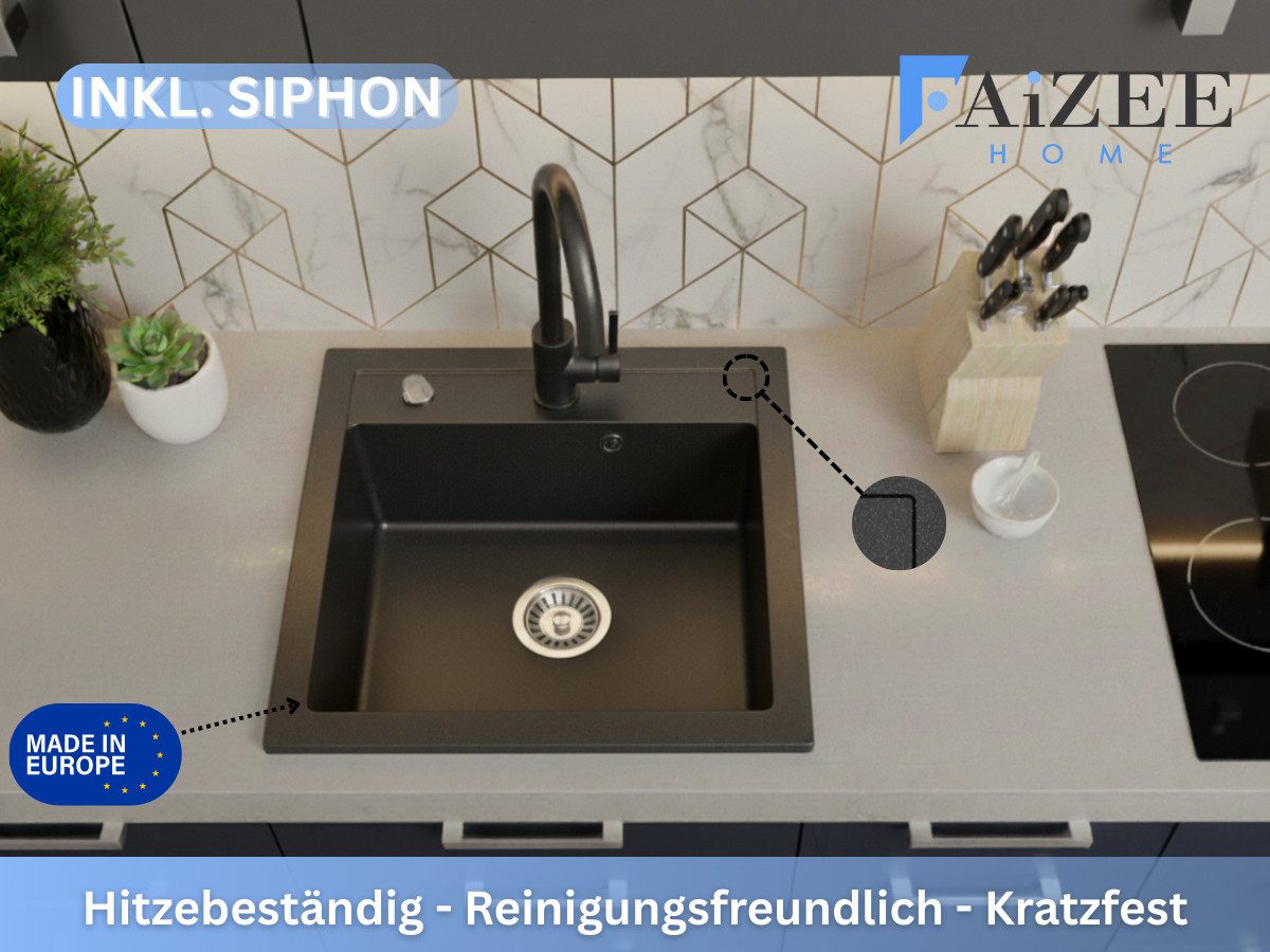 Granitspüle Granitspüle Küchenspüle Granit Siphon Spüle 49x52 cm Schwarz