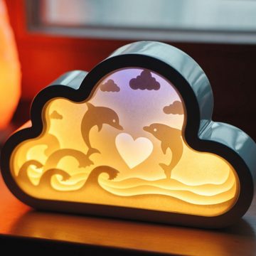 CiM LED Lichtbox 3D Papercut CLOUD - Dolphins, LED fest integriert, Warmweiß, 20x4x13cm, Shadowbox, Wohnaccessoire, Nachtlicht, kabellose Dekoration