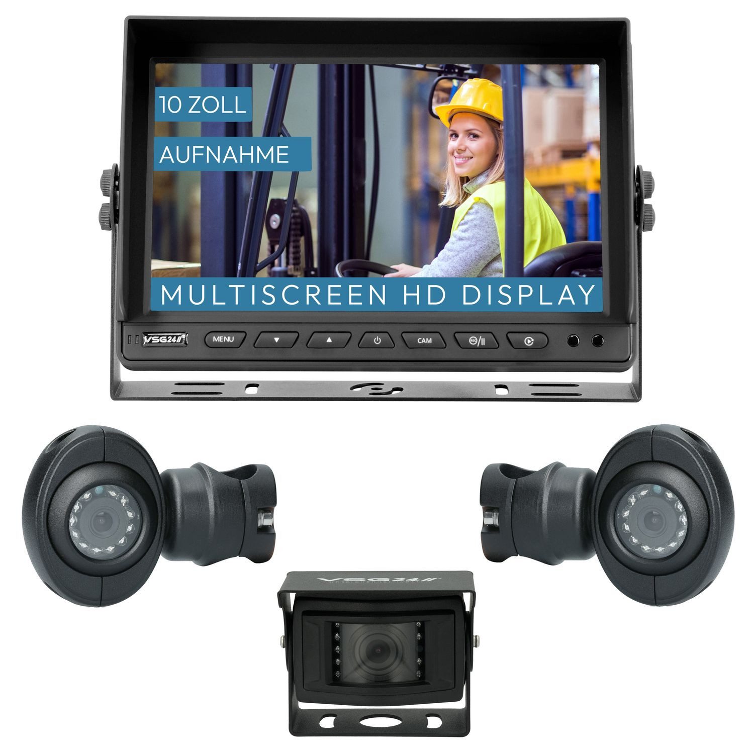 VSG24 10" Rückfahrsystem PROTECT Stapler, LKW & Transporter - Monitor & 3x Rückfahrkamera (Robustes Rückfahrsystem für Transporter LKW Wohnmobile Stapler)
