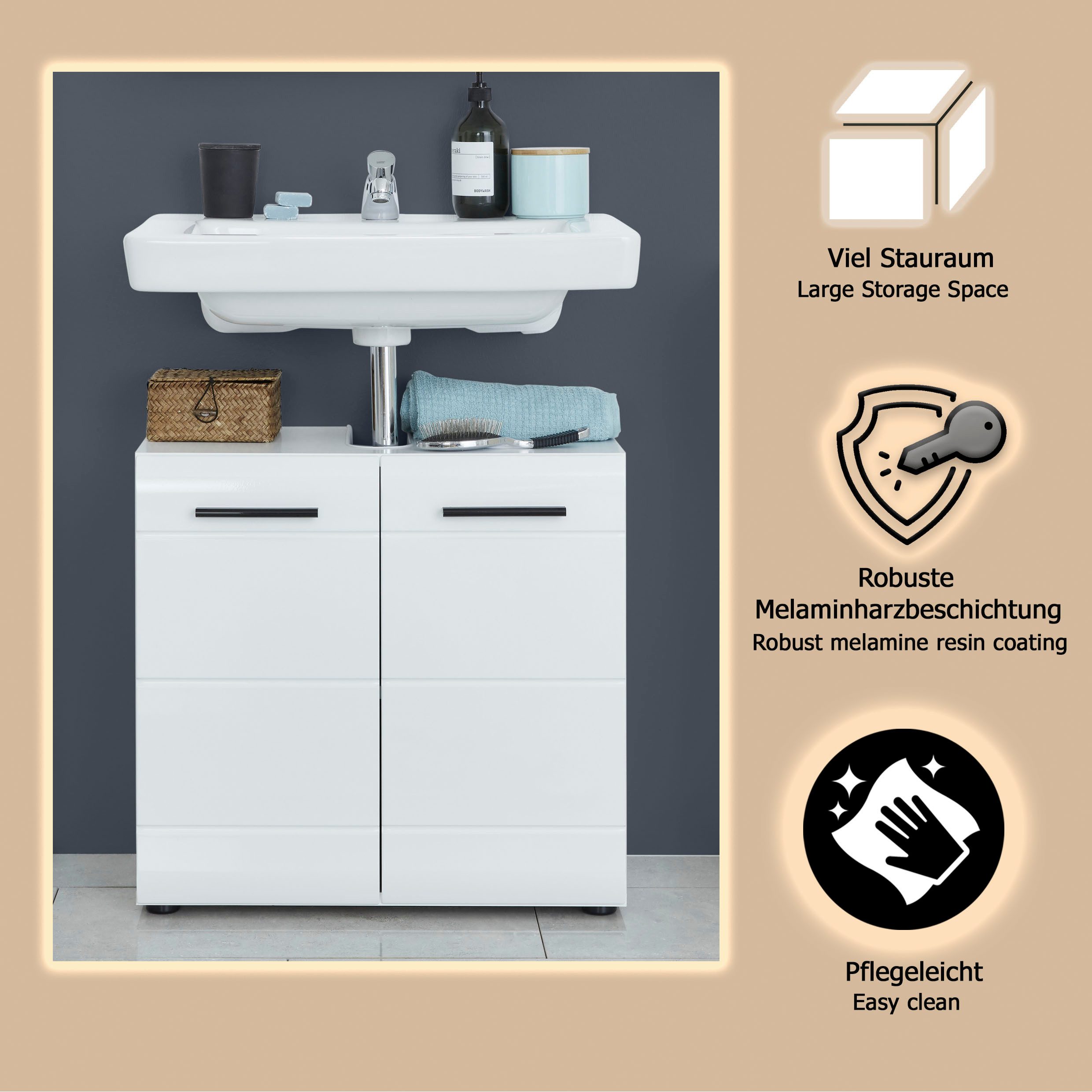welltime Waschbeckenunterschrank Sovana Waschtisch mit verstellbarem Fach - Maße (B/T/H) 60/31/56 cm – Bild 4 von 5