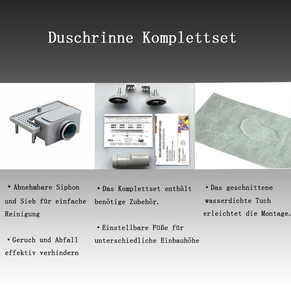 duschspa Duschrinne Bodenablauf Edelstahl Duschablauf Abfluss Badezimmer Rinne, mit Siphon komplettset 60/70/80 cm
