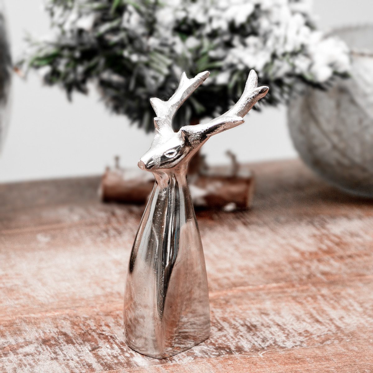 Antikas Weihnachtsfigur Rentierbüste, klein, Chabby Chic, Aluminium, Silber, H 17,0 x B 4,3