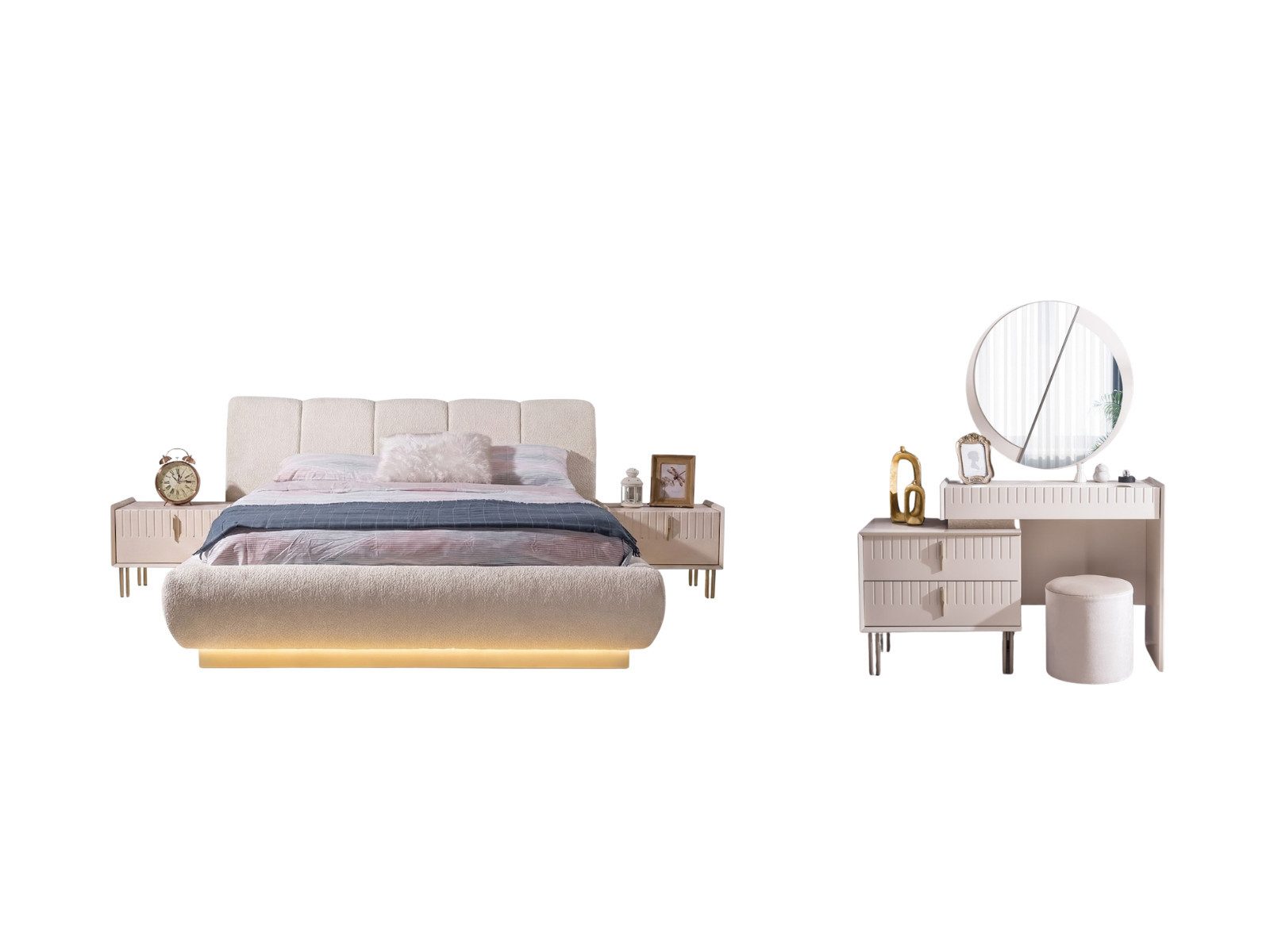 Villa Möbel Schlafzimmer-Set Tresana, (Schlafzimmer-Set, 4-tlg., Bett mit Kopfteil, 2 Nachttische und Kommode), Bett Schrank Kommode mit Spiegel und moderner LED Optik