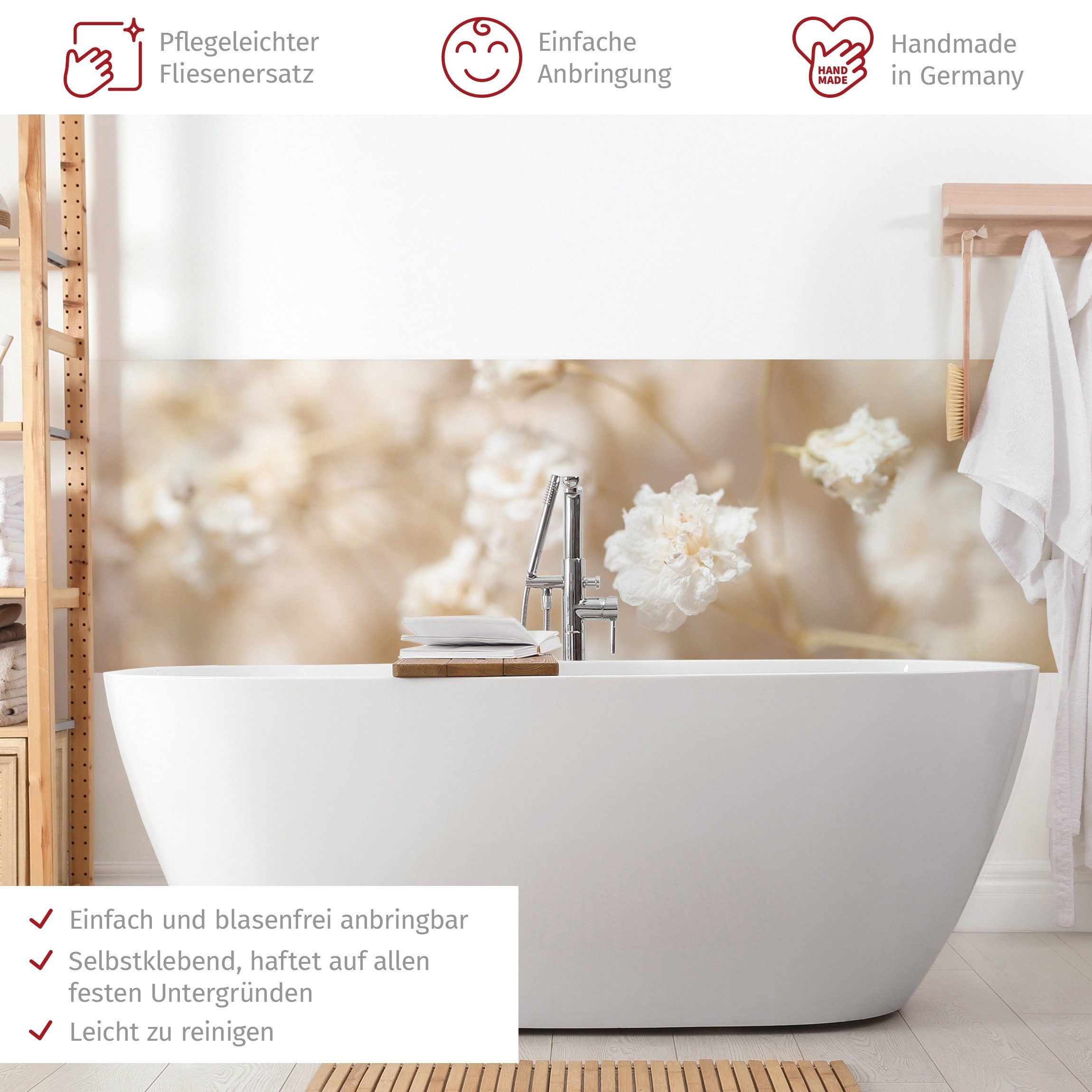 Bilderdepot24 Badrückwand beige fugenlose Wandverkleidung Bad Landhaus, (Hartfolie matt » Selbstklebend SMART 0,35 mm), wasserfestes Wandpaneel Blütenträume Creme