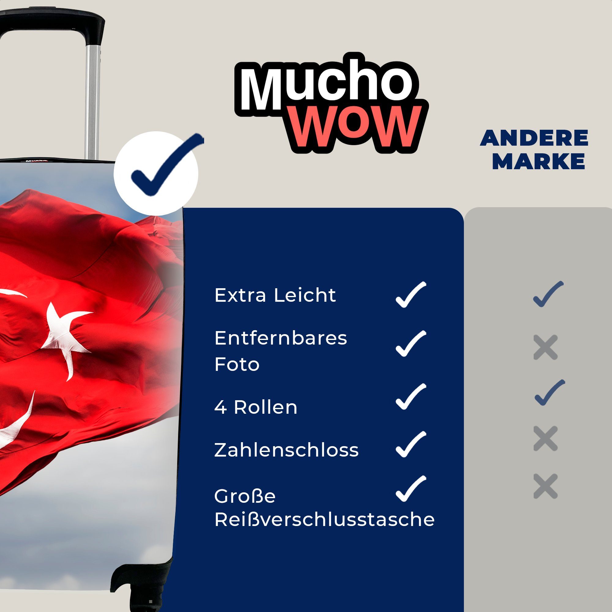 MuchoWow Handgepäckkoffer Eine türkische Flagge im Wind, 4 Rollen, Reisetasche mit rollen, Handgepäck für Ferien, Trolley, Reisekoffer