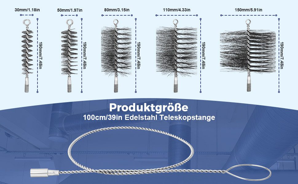 Thumbnail - QUBEBU Reinigungsbürste Ofenrohrbürste Set Schornsteinbesen für Schornstein Kamin Rauchrohr, (Kaminbürste Kaminreiniger ...