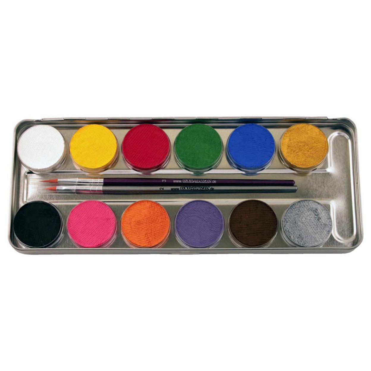 Eulenspiegel Theater Schminkpalette Profi Aqua Metall-Palette 12 Farben und 2 Profi Pinseln (1-tlg), Made in Germany, dermatologisch getestet