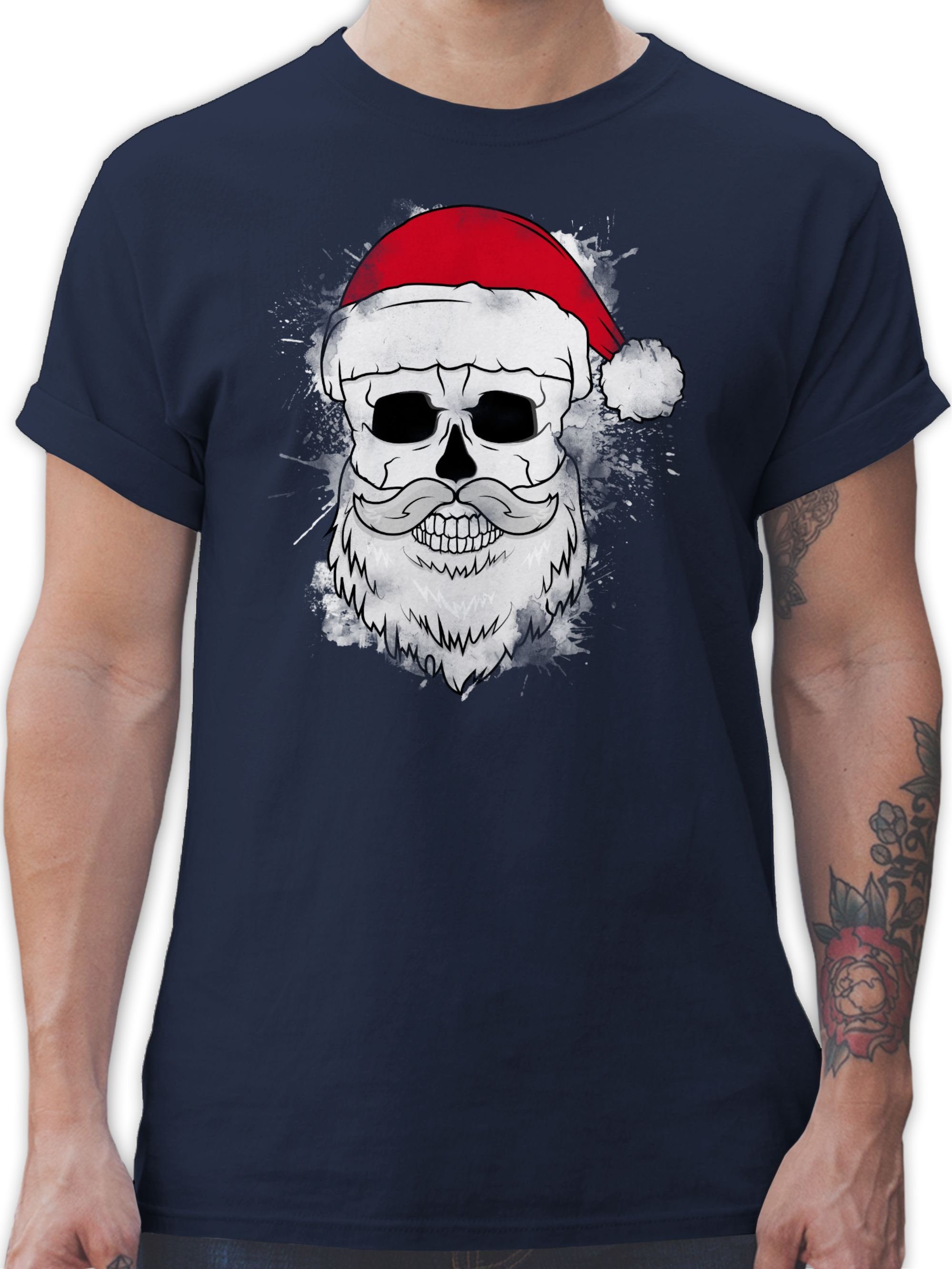 Totenkopf mit und 2 Bart Shirtracer Navy T-Shirt Blau Weihnachtsmütze Weihachten Kleidung