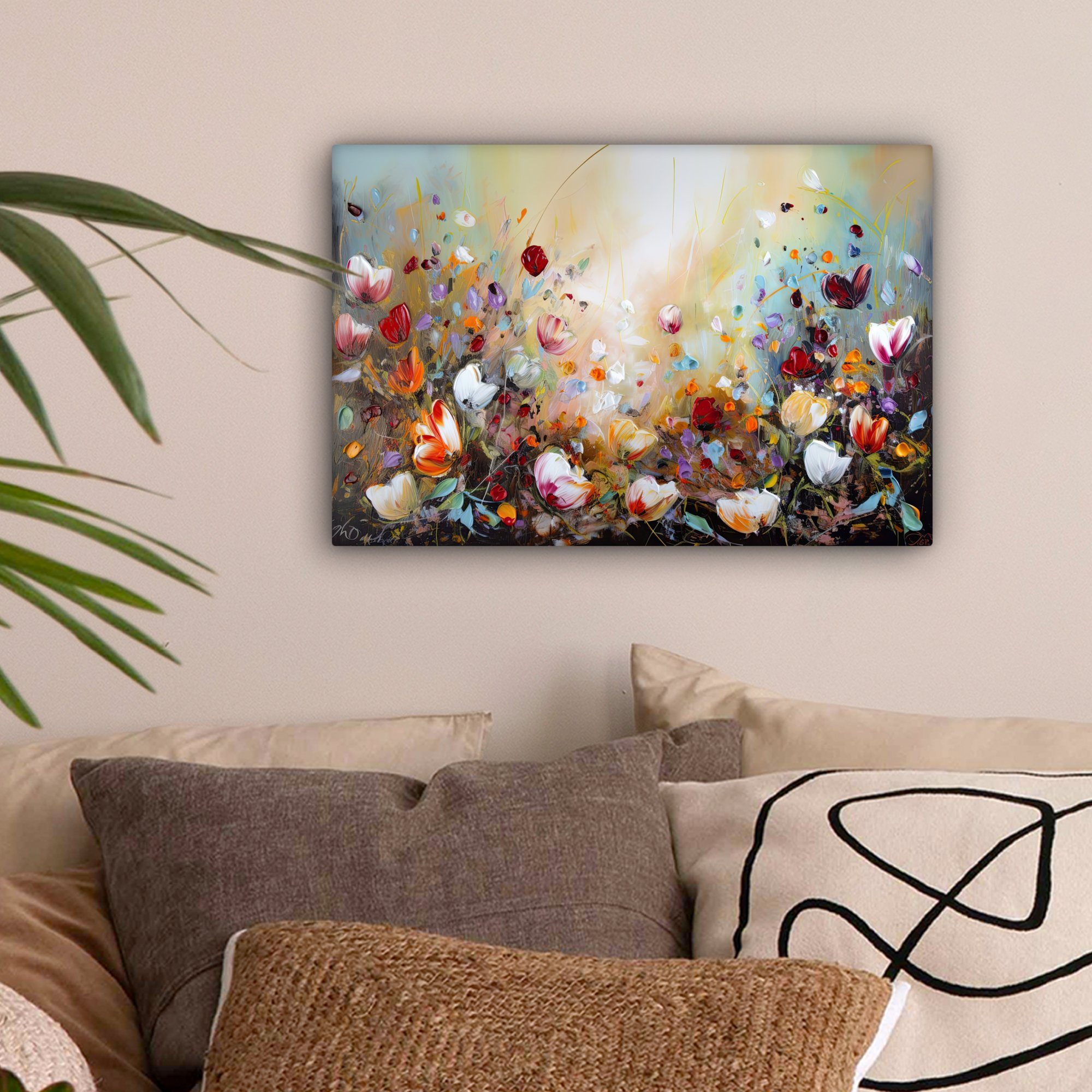 OneMillionCanvasses® Leinwandbild Ölfarben - Blumen - Farbenfroh - Natur, Fotodruck (1 St), Leinwand Bilder Klein, Wand Dekoration Aesthetic 30x20 cm