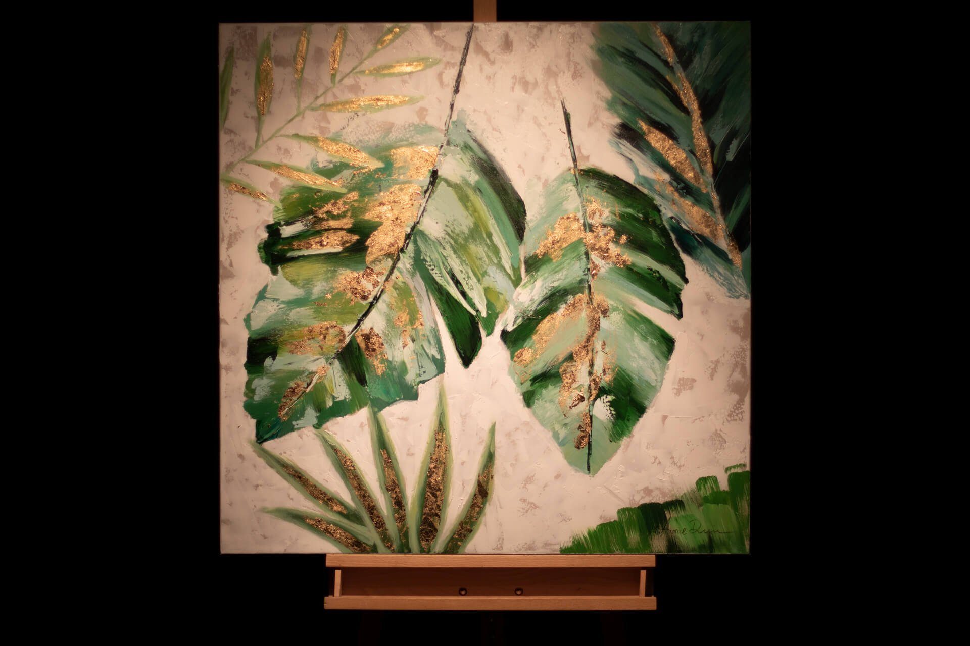 KUNSTLOFT Gemälde Blätter 90x90 100% Wehende Leinwandbild Wandbild cm, HANDGEMALT Wohnzimmer