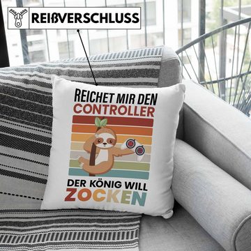 Trendation Dekokissen Trendation - Zocken Reichet Mir den Controller König Kissen Geschenk Gamer Jungs Jungen Geschenkidee Zocker Faultier Grafik Dekokissen mit Füllung 40x40