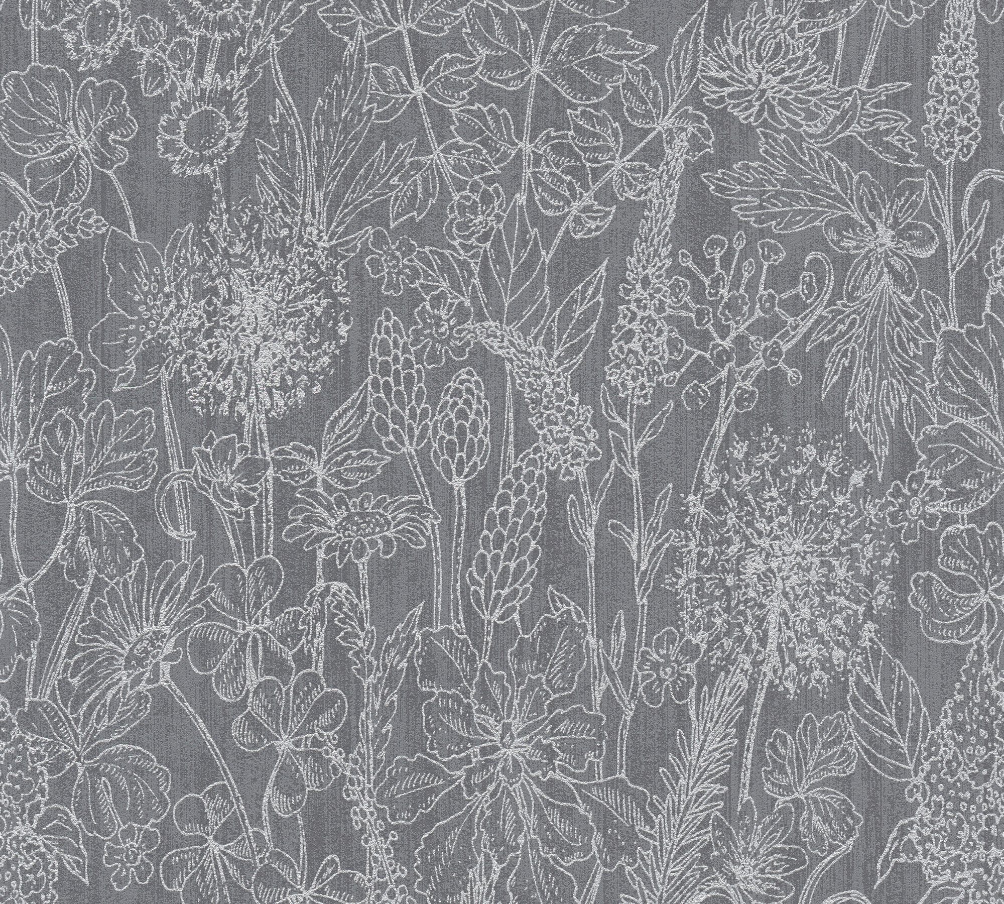 A.S. botanisch, Attractive, Vliestapete Tapete floral, Création schwarz/silber/grau Blumen Glitzertapete